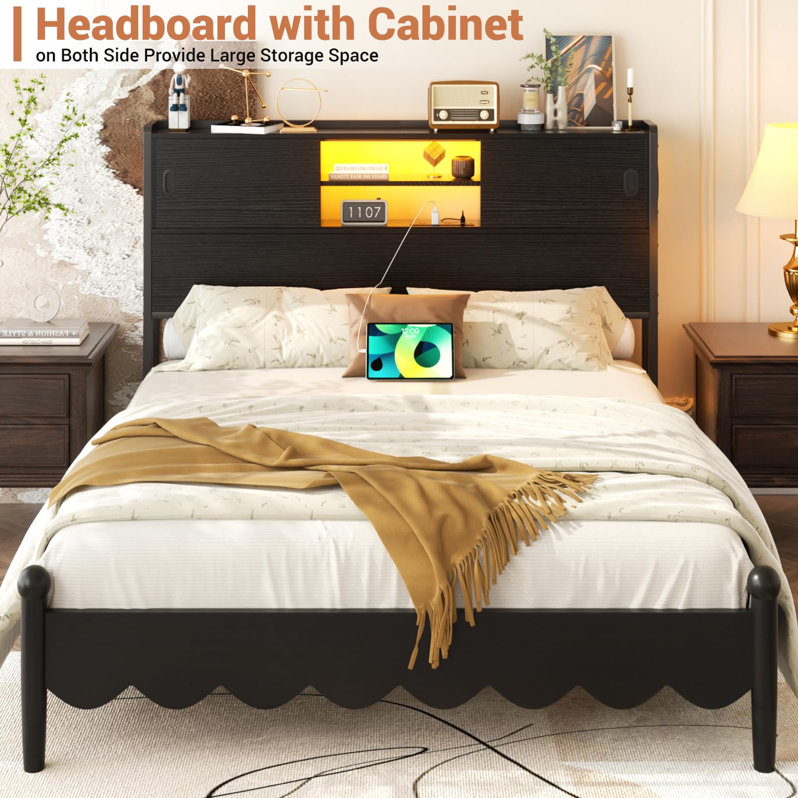 Homieasy Full Size Headboard with Storage - Sturdy Bookcase Design with Outlet, USB Ports & LED Lighting - Sliding Door Storage & Bed Adapter - Perfect for Small Bedrooms & Studio Apartments (Black)
