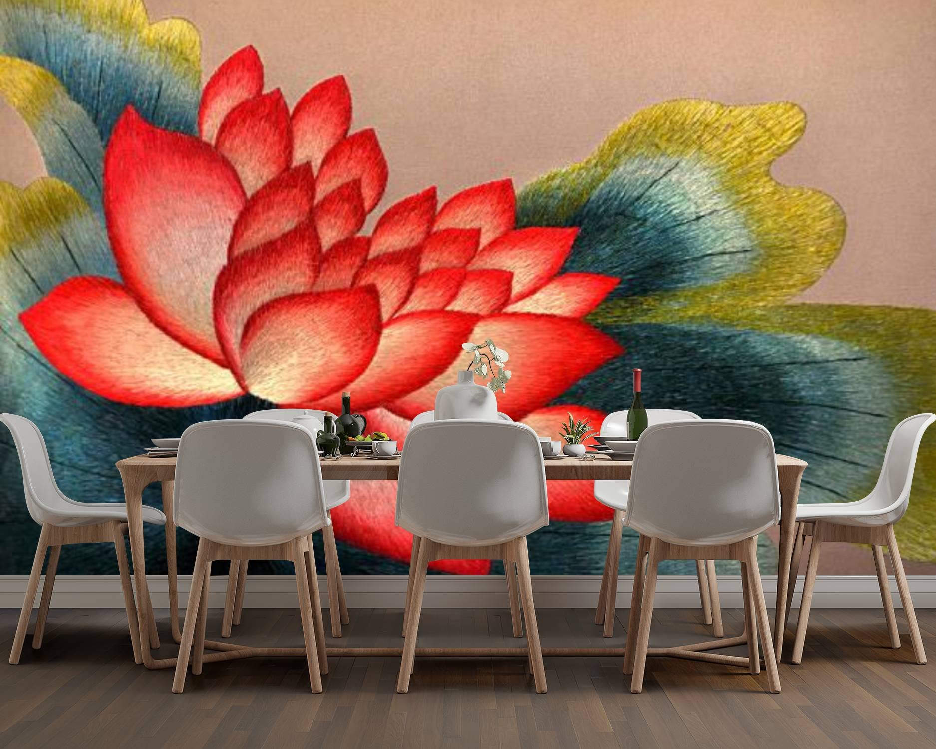Peel and Stick Removable PVC Wallpaper - Blossoming Lotus Flower Design with Red Flowers for Living Room & Bedroom Wall Decor | Self-Adhesive Wall Mural Sticker | Perfect for Home Renovation, Dorm Decor, and Rental Apartment Makeovers