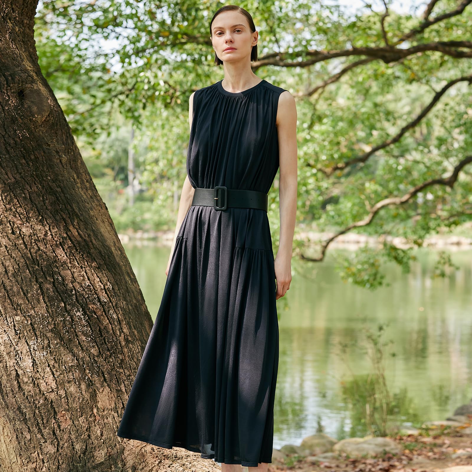 2025 Women's Summer Black Sleeveless Maxi Dress with Belt - Elegant Formal Wedding Guest Dress for Beach Parties & Evening Events