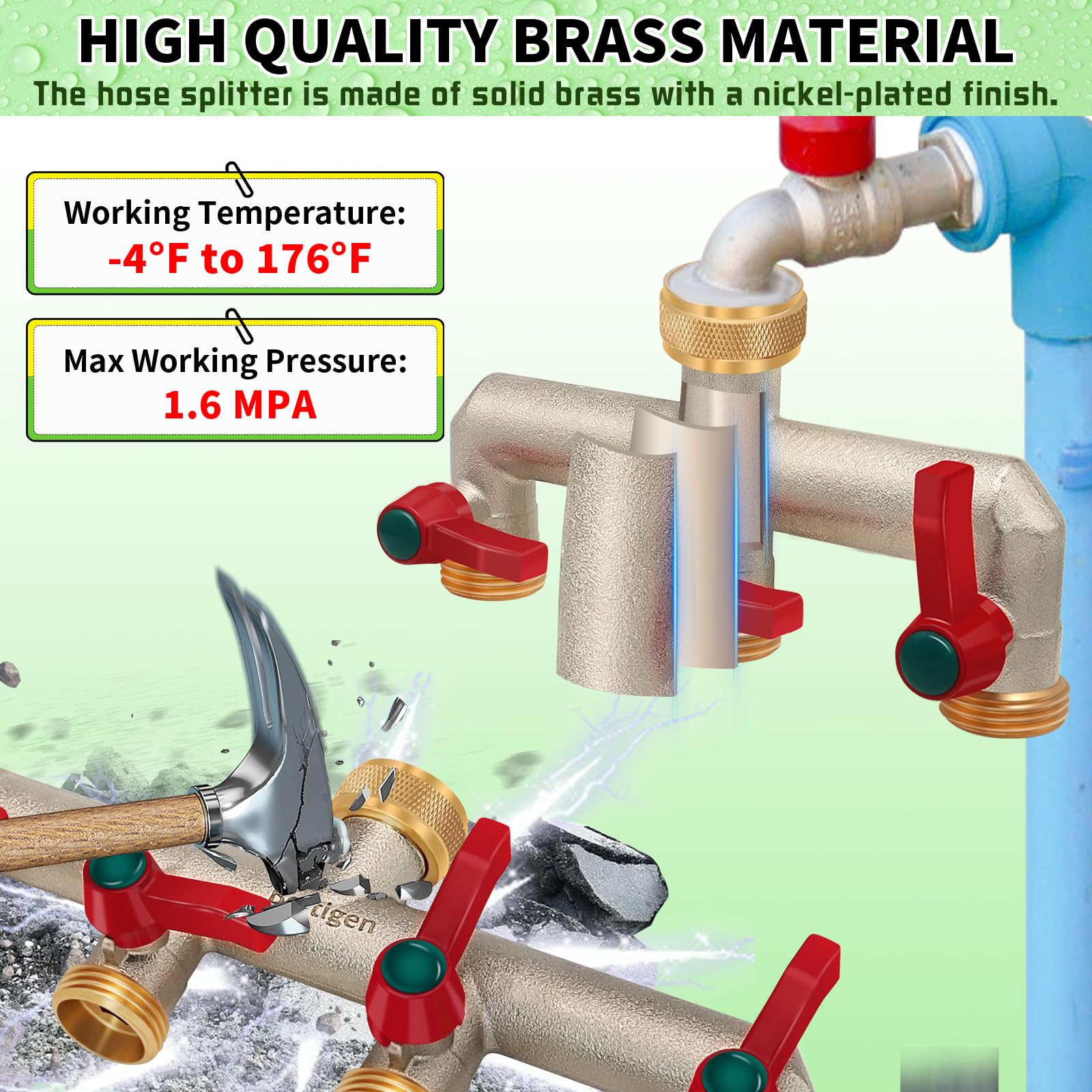 Boltigen 4-Way Brass Garden Hose Splitter with 4 On/Off Valves - 3/4