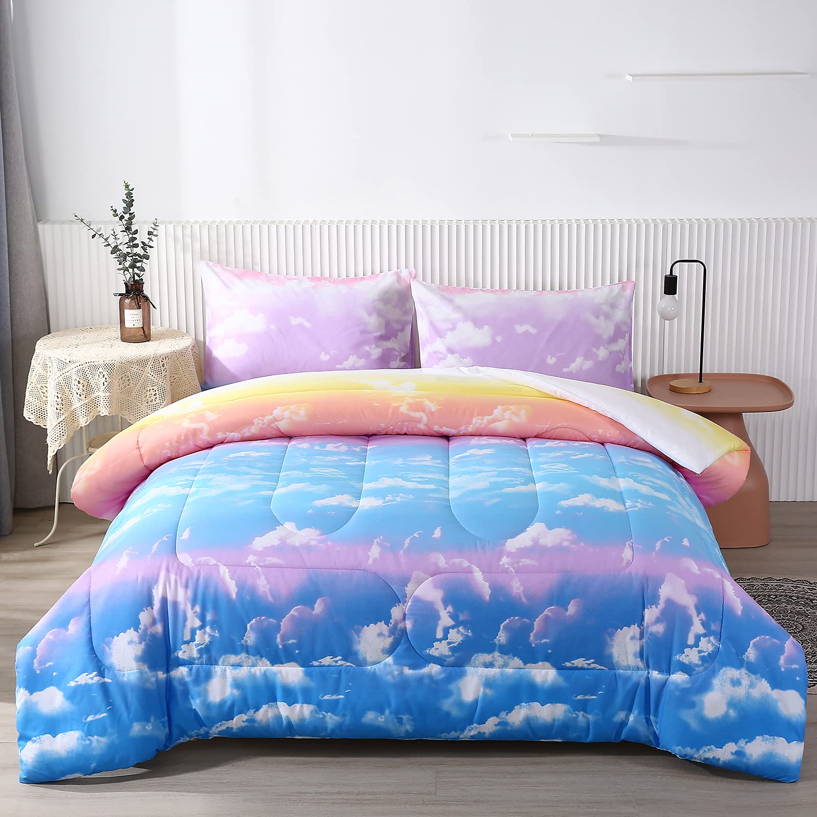Mengersi Reversible Rainbow Comforter Set for Girls - Twin Size Pink & Sky Blue Solid Bedding - Perfect for Kids' Bedroom, Dorm Room & Sleepovers