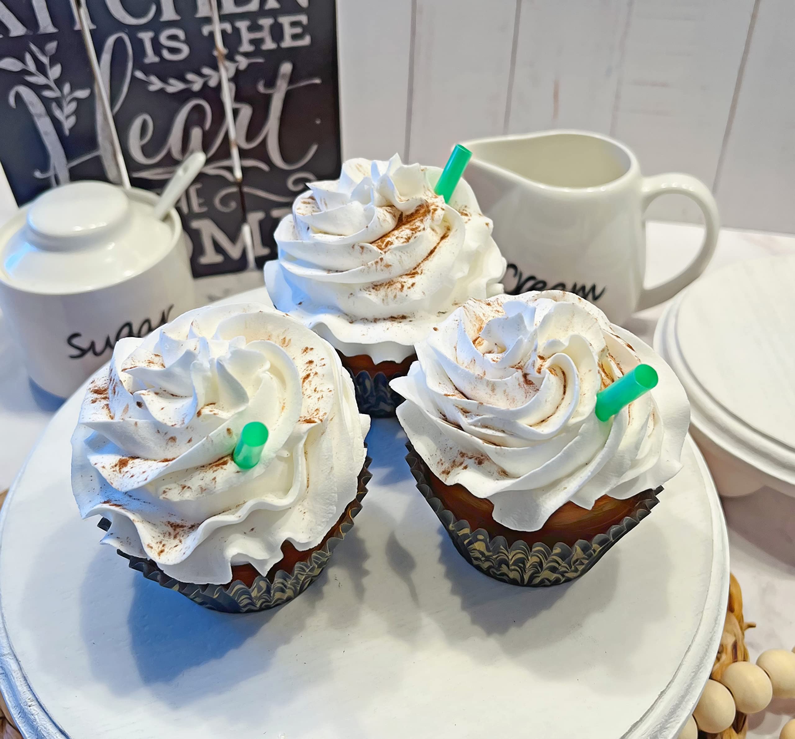 Artificial Cupcakes for Display - Fake Coffee Latte Cake Decorations - Faux Dessert Props for Home & Kitchen Decor - 3-Piece Fake Food Set - Perfect for Party Decor, Photography Props, and Table Centerpieces