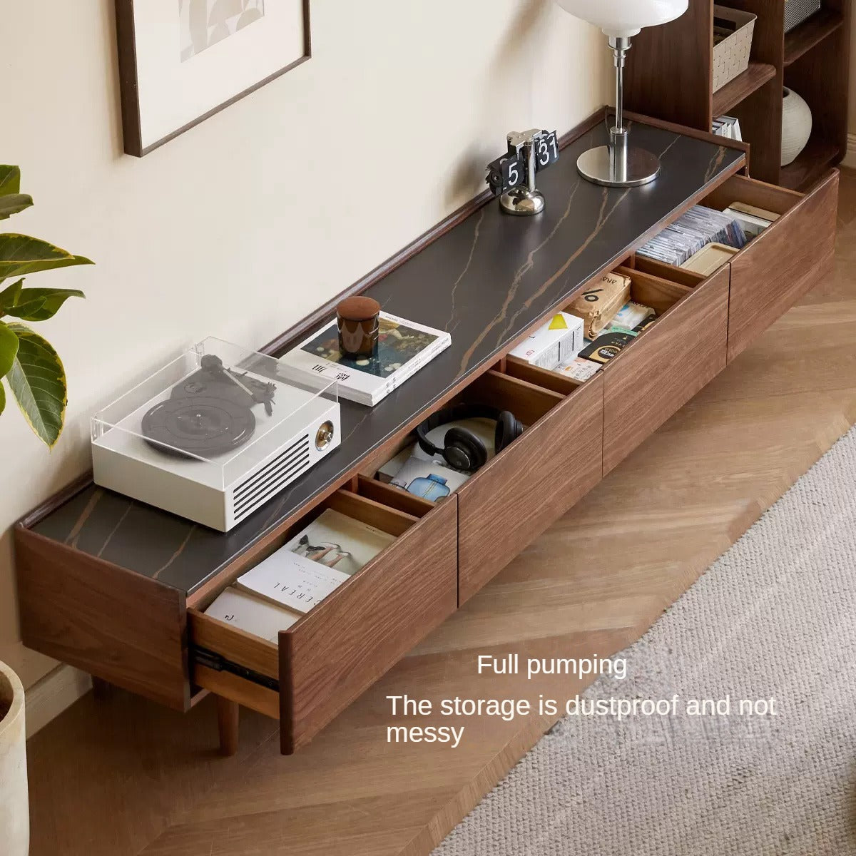 Modern Black Walnut Solid Wood TV Stand with Slate Top - Perfect for Living Room, Home Theater & Entertainment Center Storage