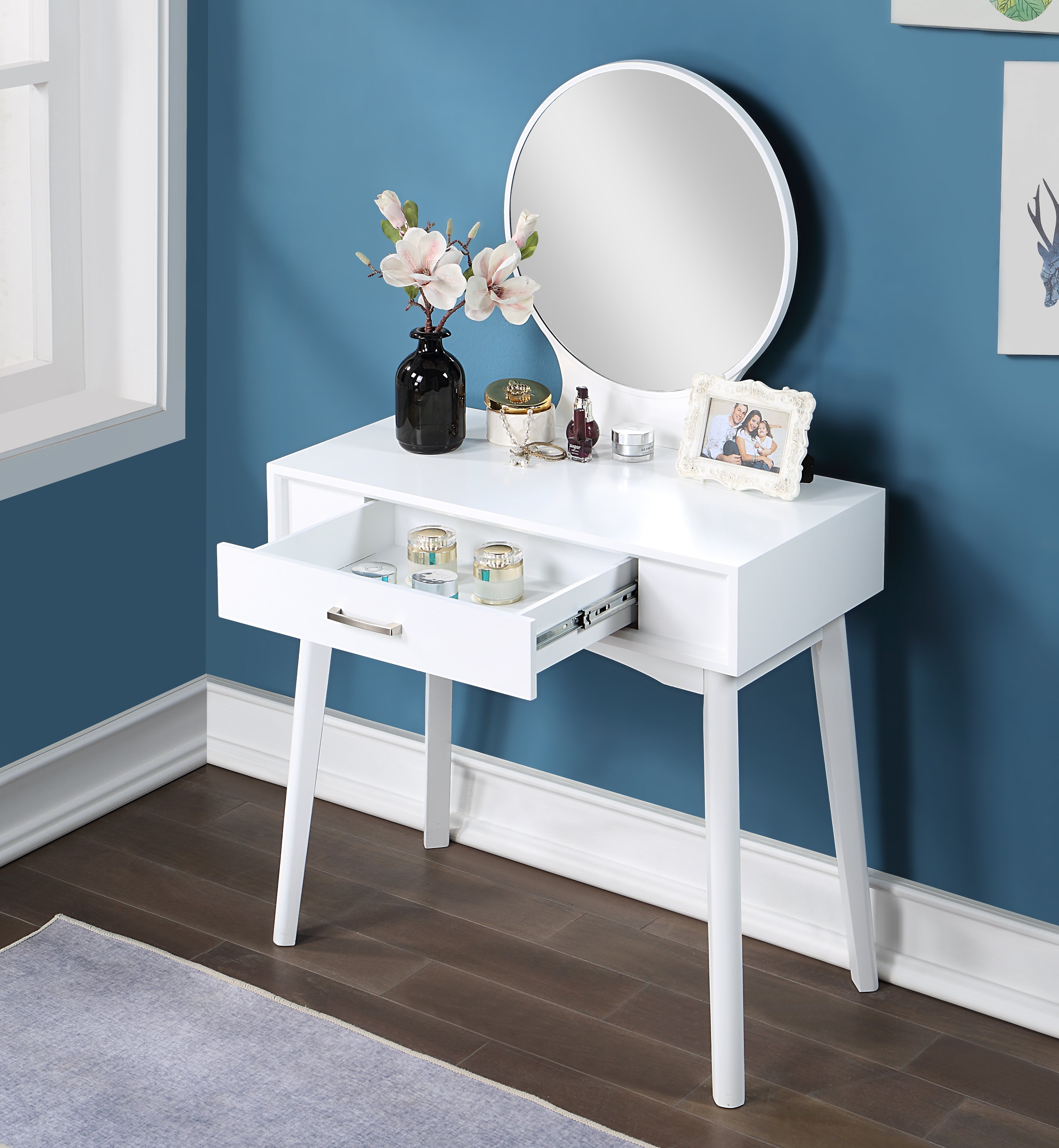 Roundhill Furniture Maly Contemporary Wood Vanity and Stool Set in White - Modern Dressing Table with Stool for Bedroom Makeup & Beauty Station