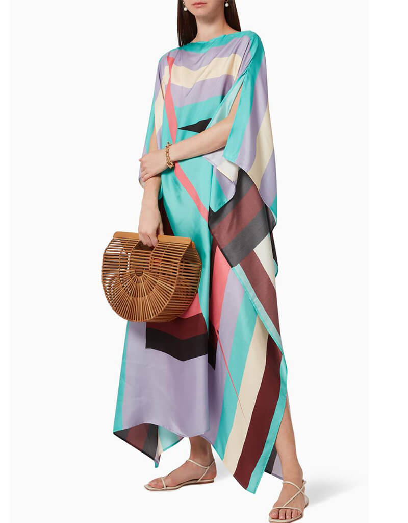 Luxury Blue and Grey Soft Silk Crepe Kaftan Dress - Elegant Loungewear & Beach Cover Up for Women - Perfect for Vacation, Spa Days and Summer Evenings