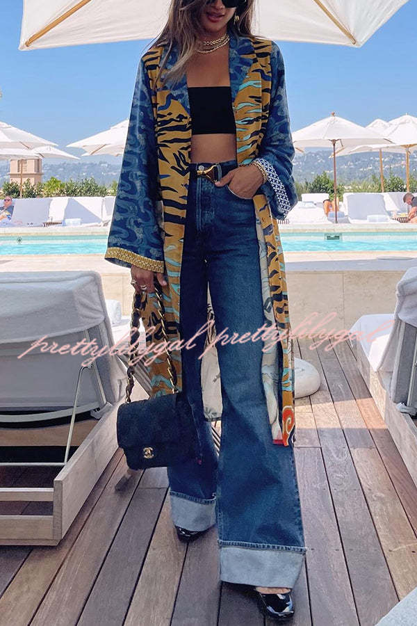 Exotic Tropical Jungle Tiger Print Long Sleeve Belted Kimono Coat with Pockets - Boho Chic Outerwear for Women, Perfect for Beach Cover-ups, Music Festivals & Casual Loungewear