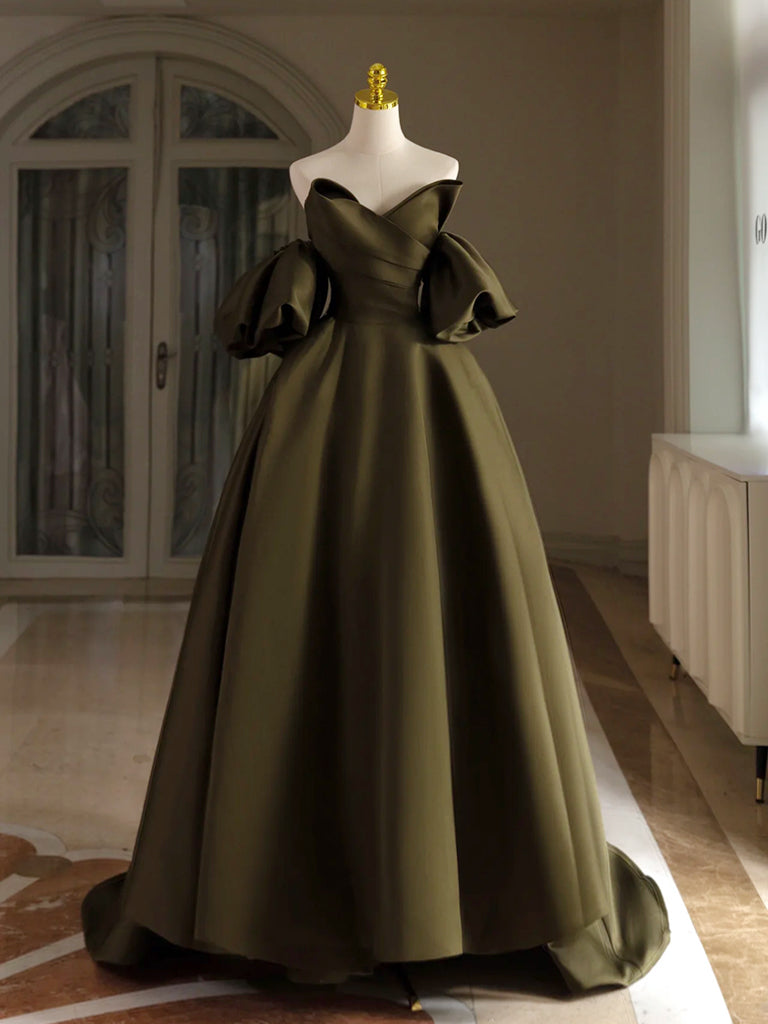 Elegant Olive Green Satin A-Line Prom Dress with Puff Sleeves - Long Formal Evening Gown for Homecoming, Ball, Wedding & Special Occasions