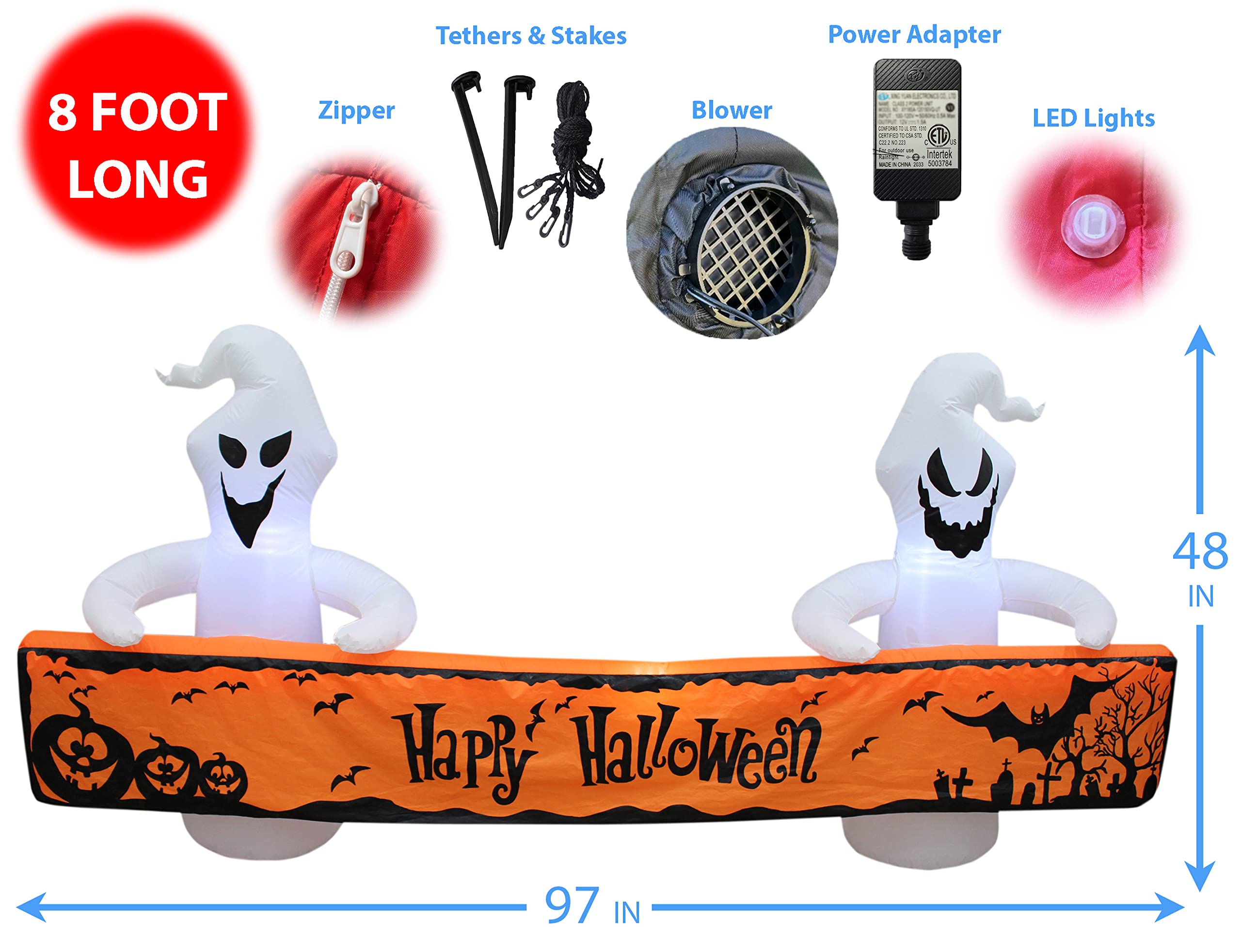 Halloween Party Decorations Bundle - 8ft Lighted Inflatable Ghost with Orange Banner & 11ft Animated Giant Black Cat Blowup for Outdoor Yard Decor | Spooky Halloween Decor for Home, Party, Haunted House