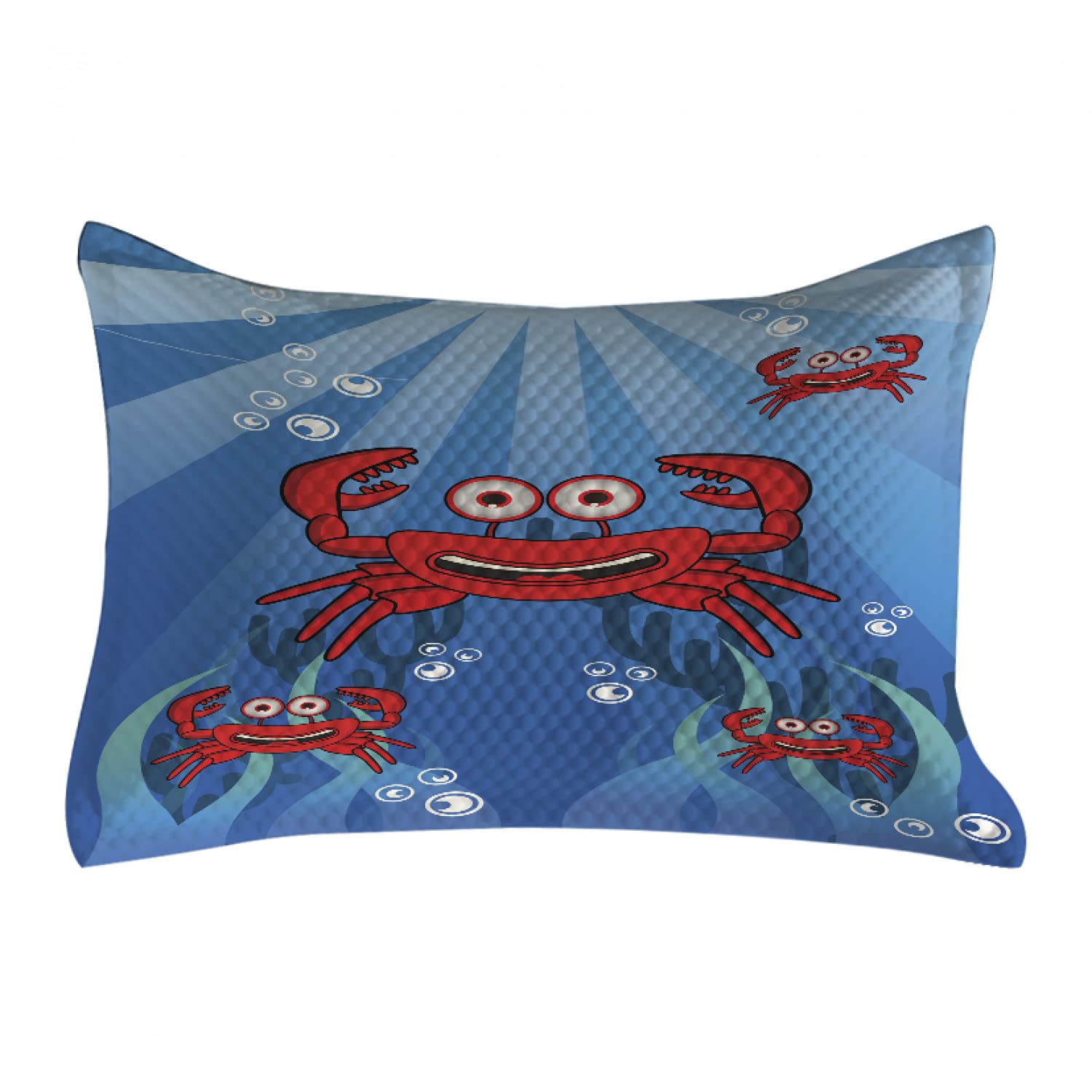 Ambesonne Funny Crab Quilted Pillow Cover - Underwater Smiling Crabs with Bubbles, Coral & Sun Rays - Standard Queen Size 30x20 Inch - Blue & Red Accent Pillow for Bedroom, Living Room & Coastal Decor