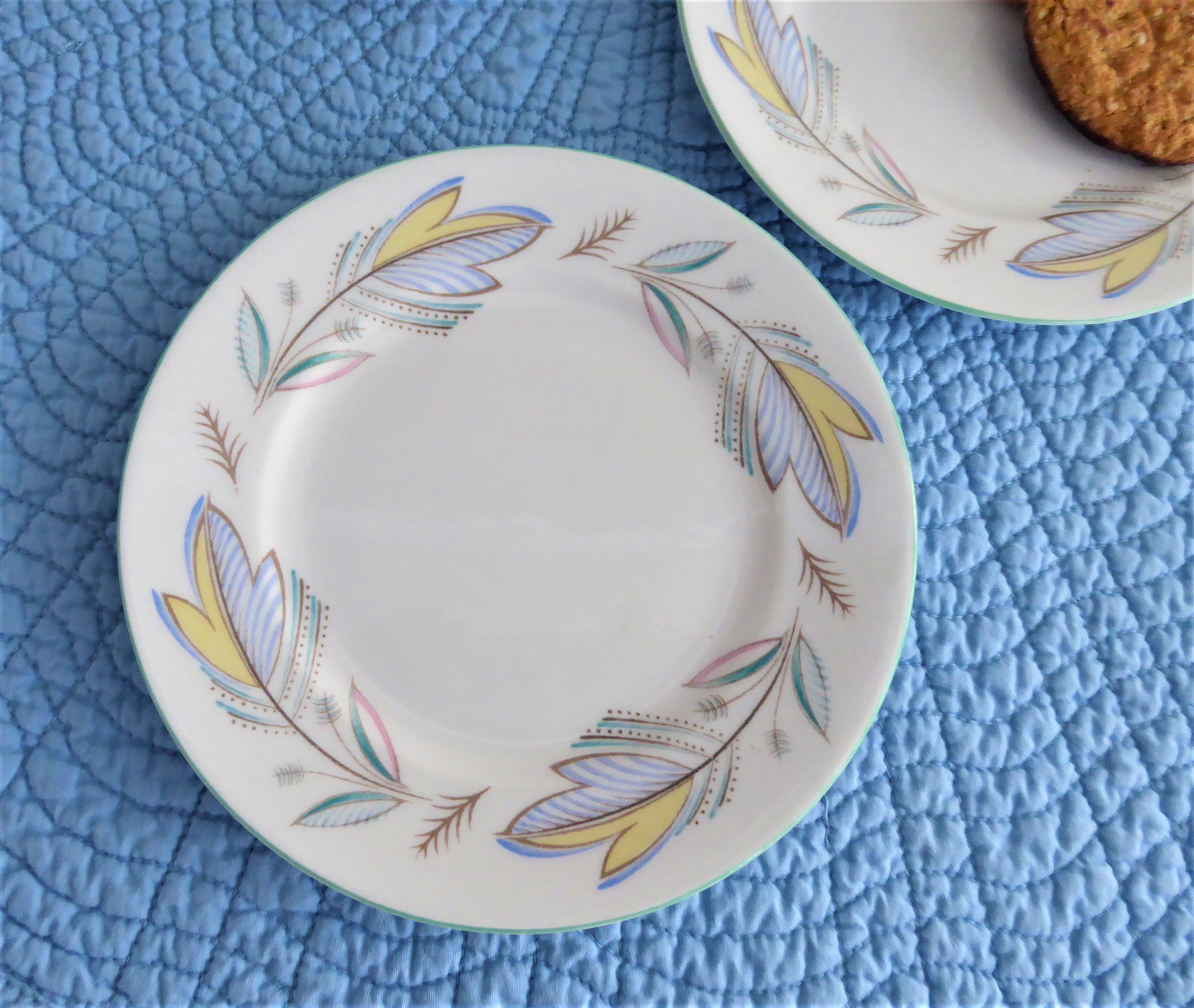 Vintage Shelley China Plate Pair - Caprice Green Trim, 6 Inch Bread & Side Plates, 1960s Retro Tea Party Set for Cake, Desserts & Elegant Dining