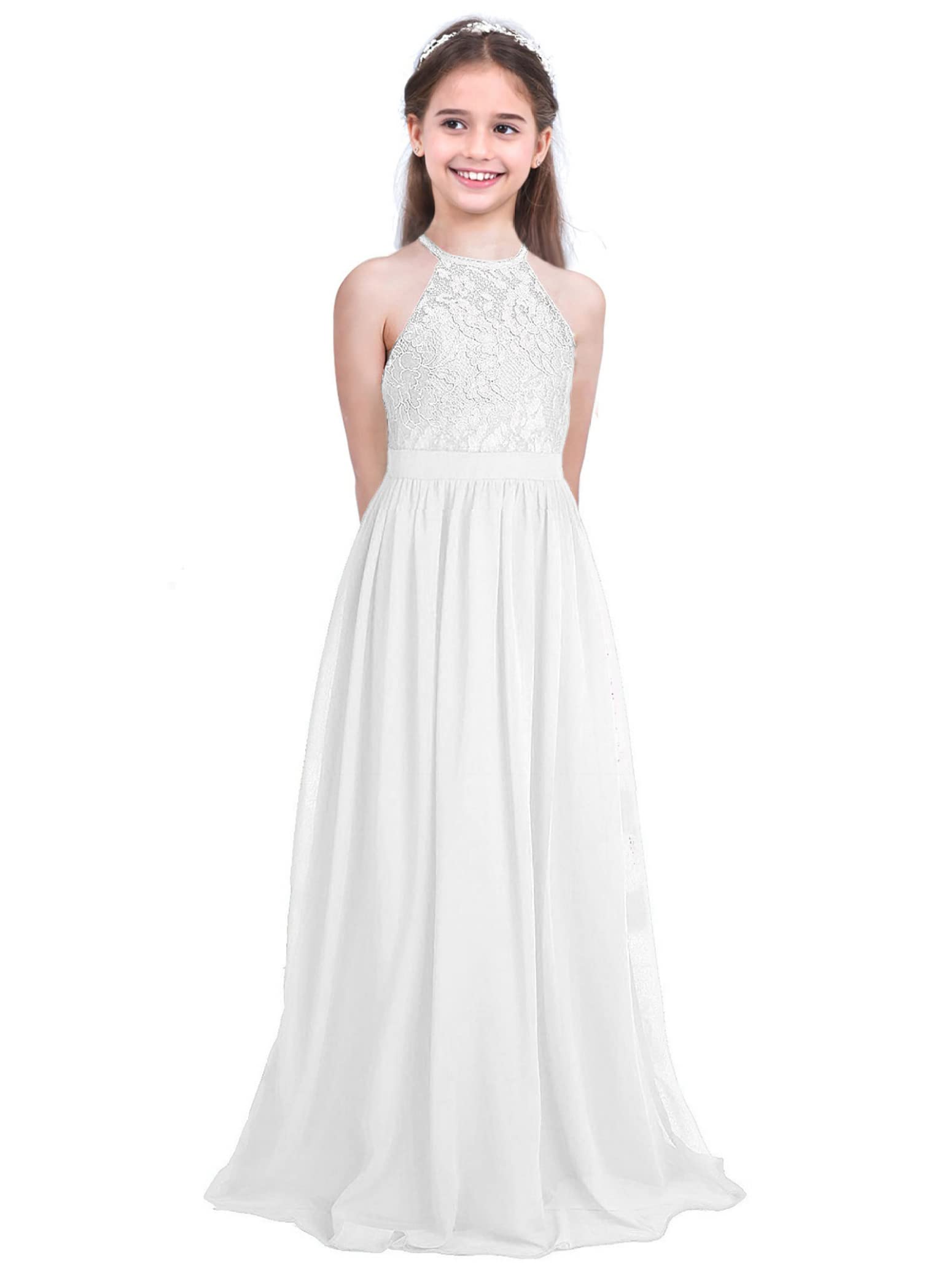 Girls Chiffon Halter Neck Maxi Flower Dress for Wedding, Bridesmaid, Formal Party & Evening Events - Elegant Floral Summer Dress for Kids Special Occasions
