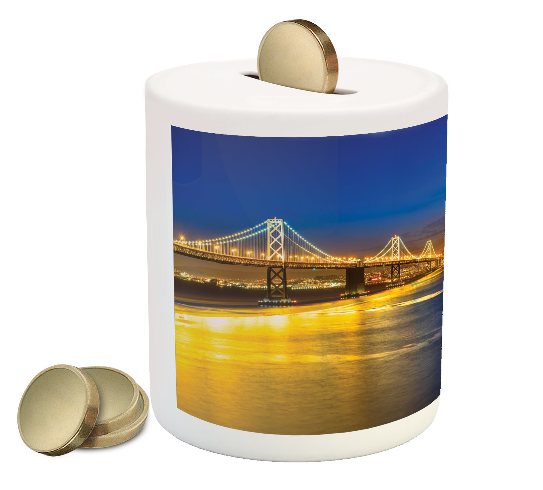 Lunarable Ceramic Piggy Bank - San Francisco Skyline & Golden Bridge Design, Navy Blue & Yellow Money Box for Cash Savings | Perfect Gift for Kids, Collectors & Travel Enthusiasts | Home Decor, Office Savings & Financial Education Tool