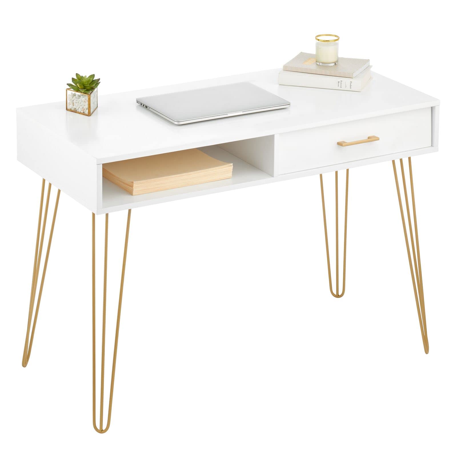 Modern Minimalist Computer Desk with Drawer & Storage Cubby - White/Soft Brass Metal & Wood Home Office Desk with Hairpin Legs - Perfect for Small Spaces, Study Rooms & Remote Workstations