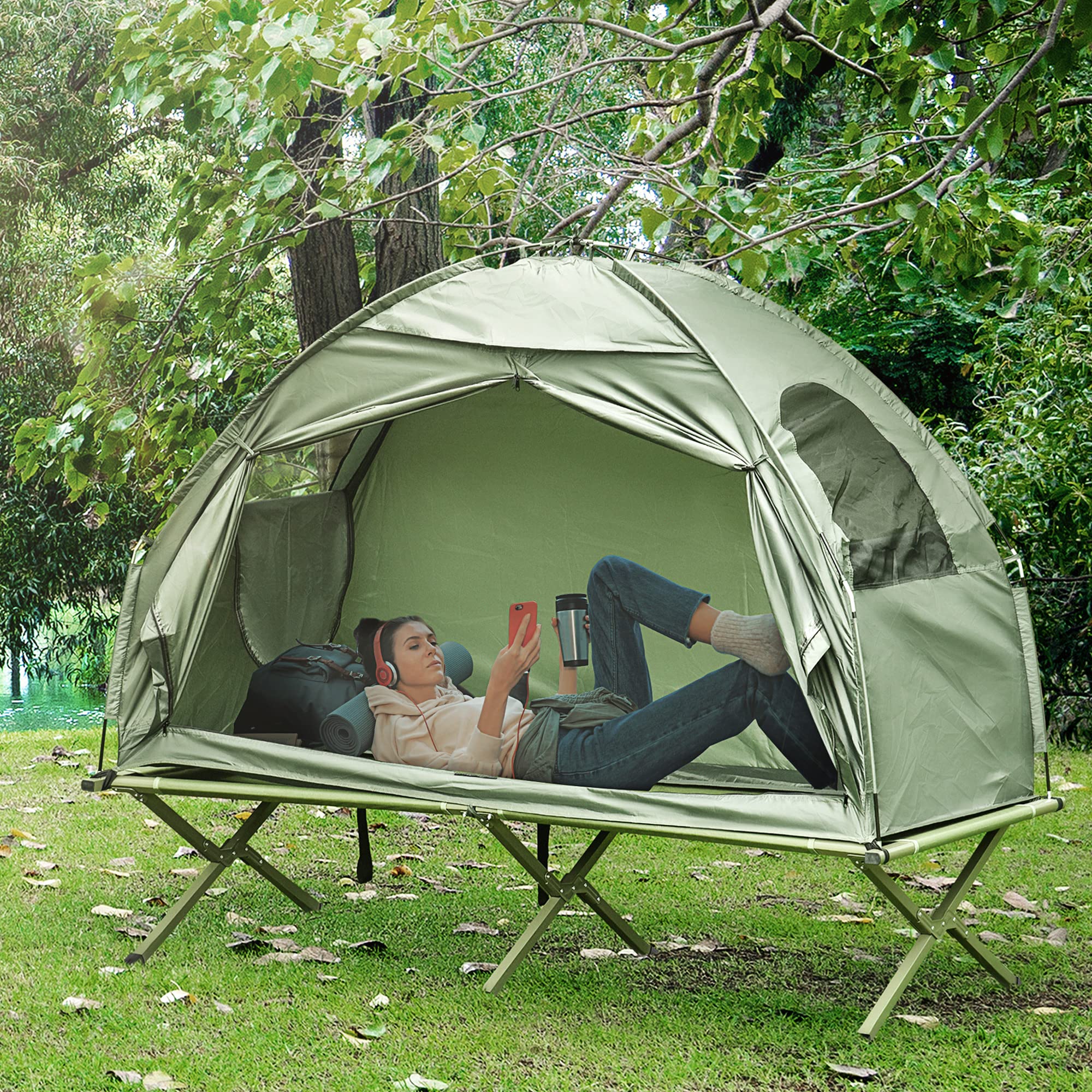 Outsunny Single Person Camping Tent Cot - Portable Folding Off-Ground Covered Outdoor Bed with Carry Bag for Hiking, Backpacking & Outdoor Adventures - Perfect for Solo Campers & Wilderness Exploration