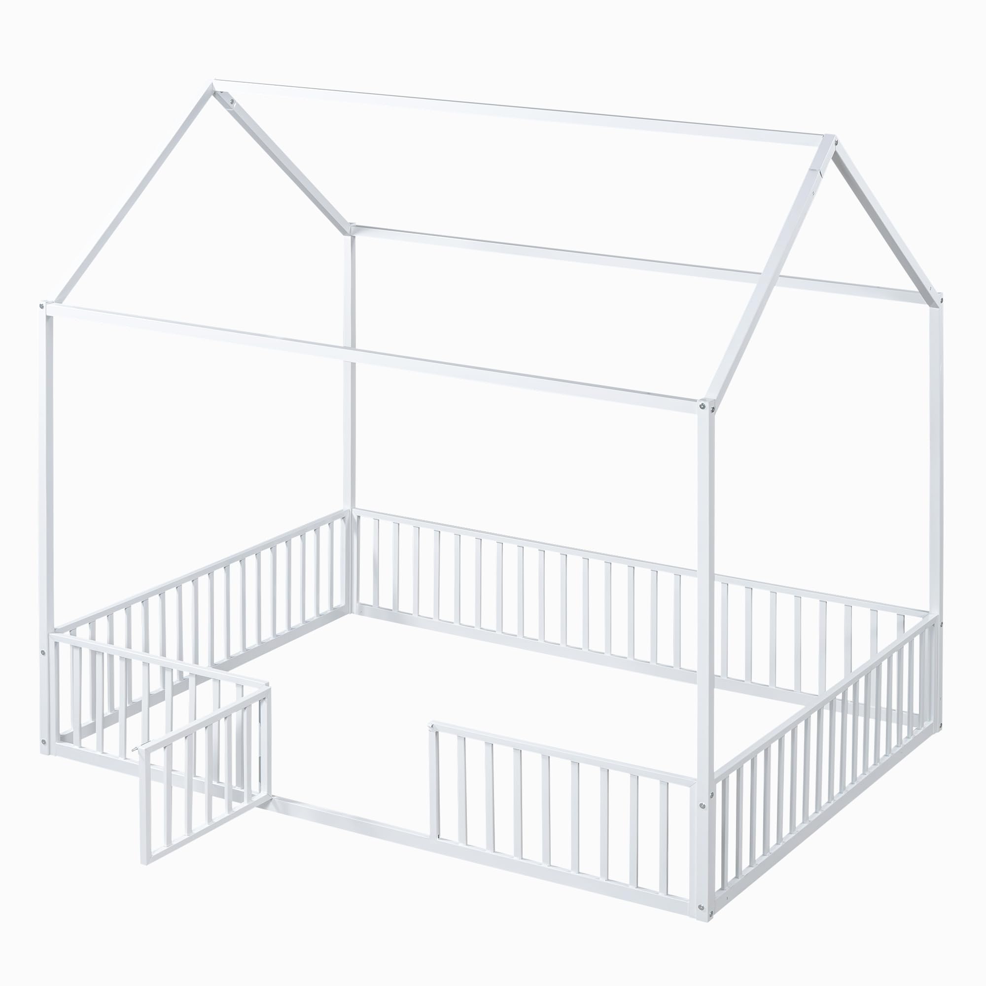 White Full Size Montessori Floor Bed Frame with Door & High Fence - Safe Kids House Bed for Boys & Girls | Perfect for Toddler Rooms, Daycare Centers & Montessori Classrooms