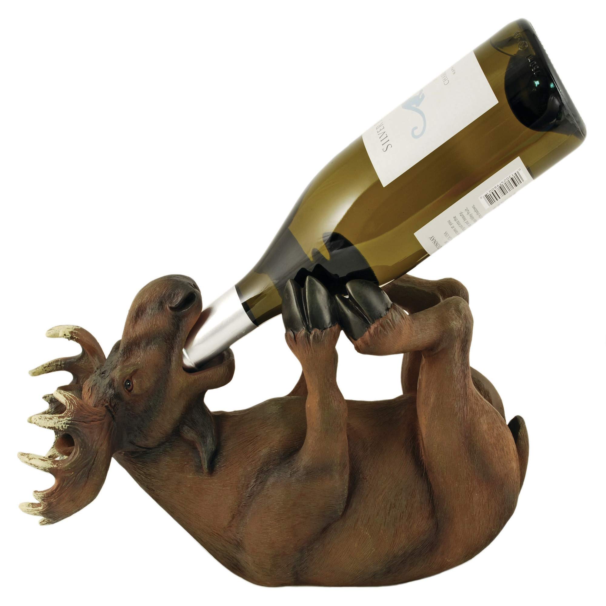 True Mischievous Moose Polyresin Wine Bottle Holder - Decorative Tabletop Wine Rack for Wine Enthusiasts, Brown (Holds 1 Standard Bottle) - Perfect for Home Bars, Kitchen Countertops & Gift Giving