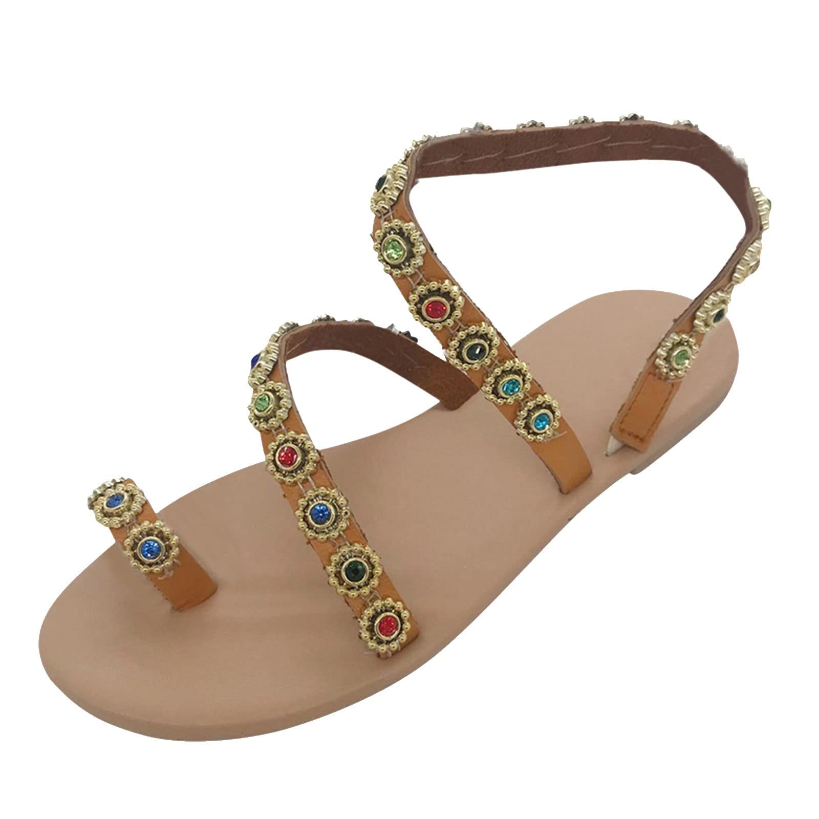 Women's Rhinestone Bohemian Gladiator Sandals - Sparkly Bling Flat Open Toe Dress Sandals for Summer Weddings & Beach Vacations