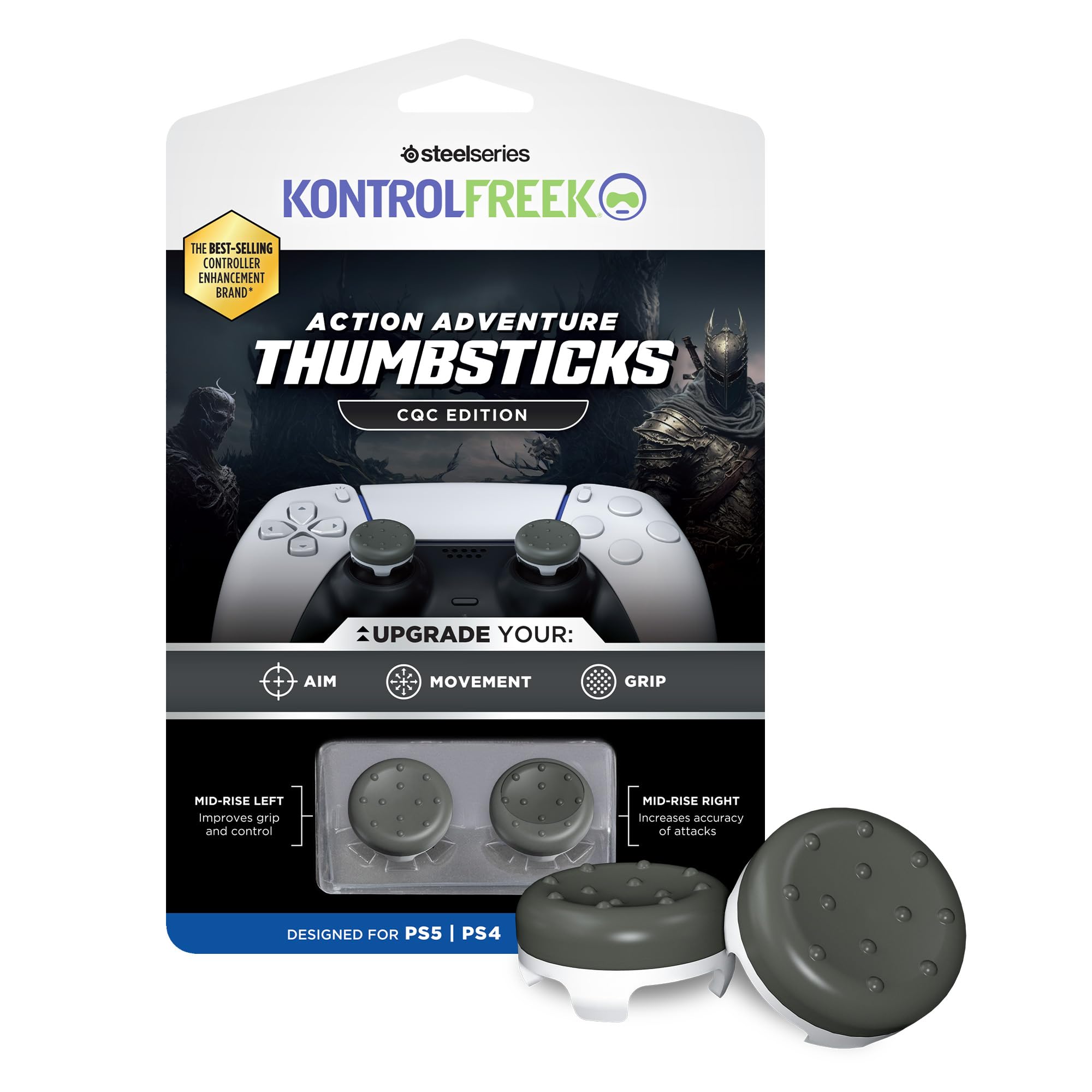 KontrolFreek CQC Classic Performance Thumbsticks for PS4 & PS5 Controller - 2 Pack Mid-Rise Concave Grips (Gray/White) - Enhanced Aim & Comfort for FPS, RPG & Action Games
