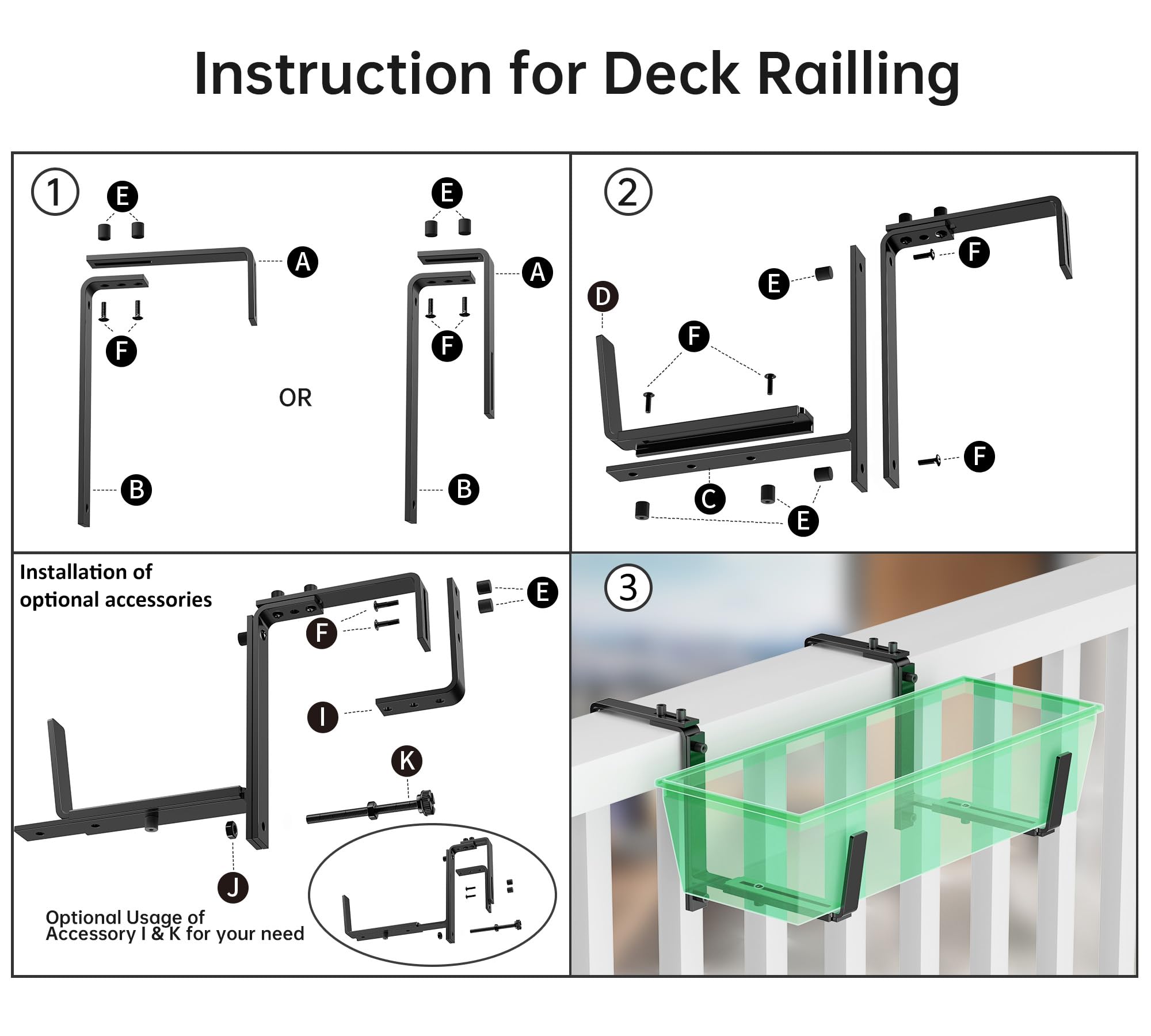 Y&M 4-Pack Adjustable Deck Railing Planter Box Brackets (6-12.5 Inch) - Heavy Duty Iron Window Box Hooks for Balcony, Fence, Patio & Garden - Black | Perfect for Hanging Flower Boxes on Railings, Walls & Outdoor Spaces