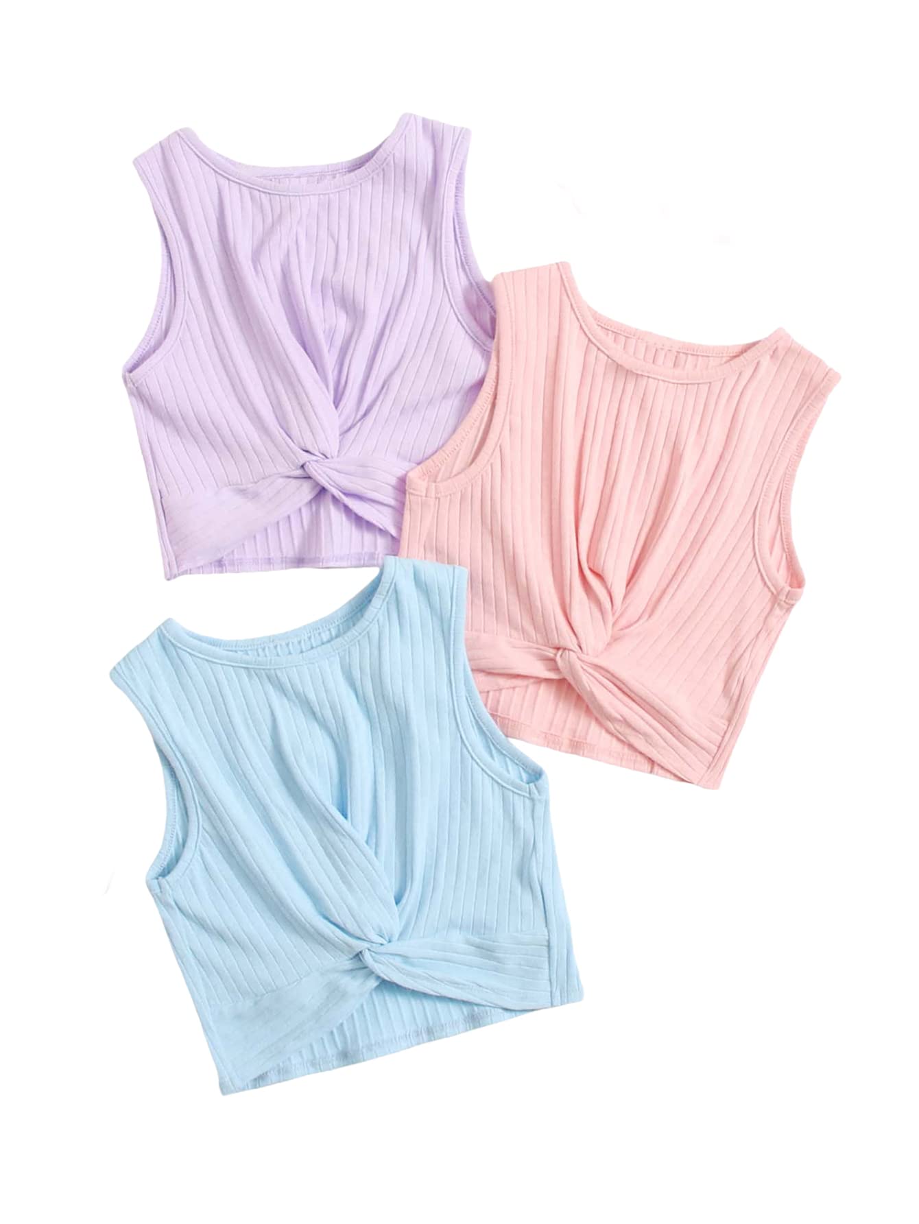 SHENHE Girls 3 Piece Sleeveless Ribbed Crop Top Set - Twist Front Crewneck Tank Tops for Summer, Casual Wear, Beach Outfits & Teen Fashion