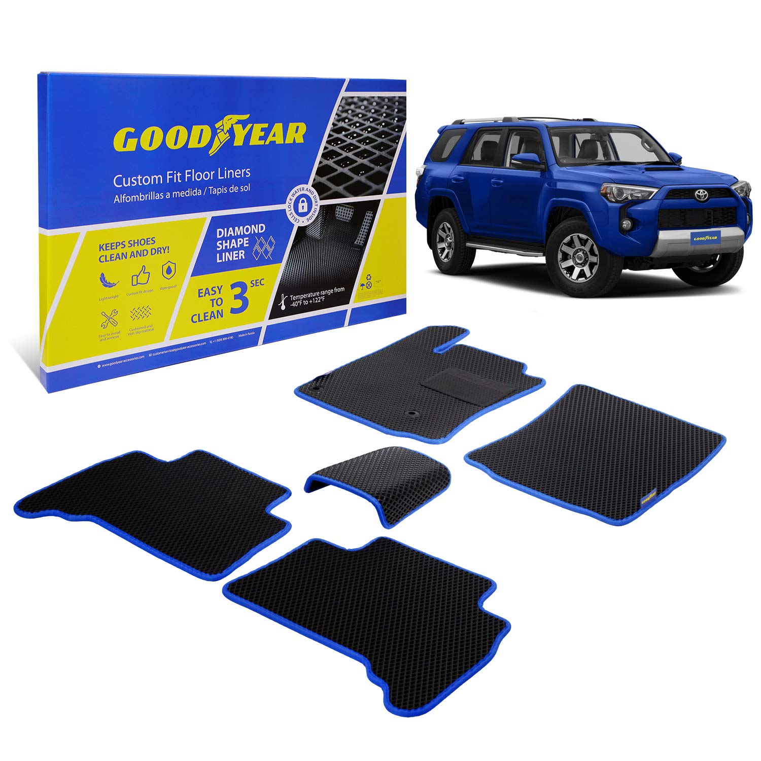 **Goodyear Custom Fit All-Weather Car Floor Liners for Toyota 4Runner 2010-2012 – Black/Blue 5-Piece Set – Diamond Shape Design Traps Dirt & Liquid – Precision Interior Protection (GY004277) – Perfect for Off-Roading, Camping & Daily Commutes**