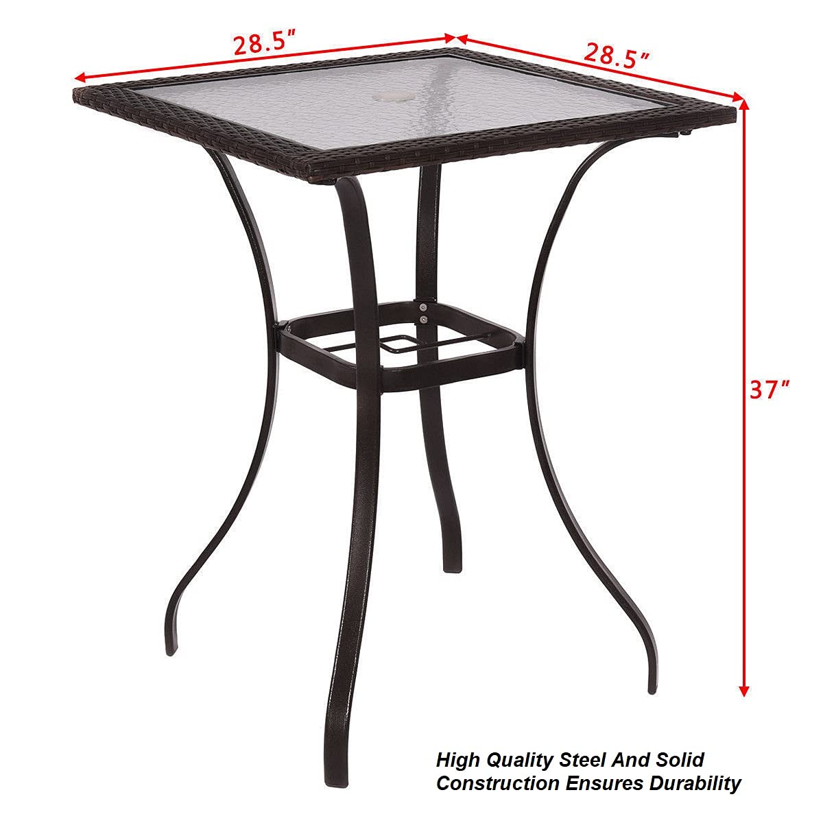 Premium Rattan Wicker Square Coffee Table with Tempered Glass Top & Umbrella Hole - Outdoor Patio, Garden, Poolside Furniture for Backyard, Lawn, or Indoor Decor - Perfect for Dining, Lounging & Entertaining