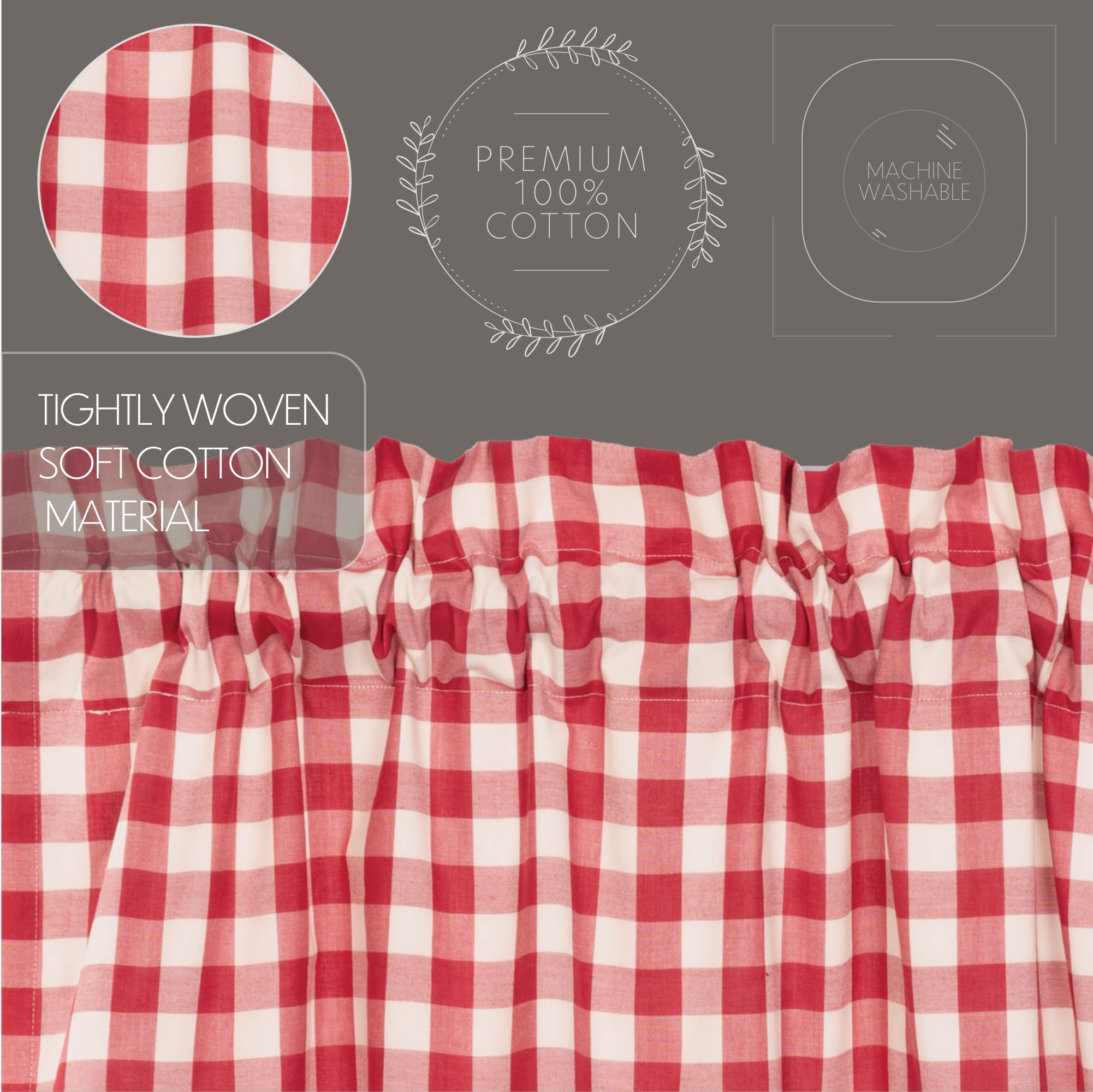 Farmhouse Red Buffalo Check Cotton Kitchen Curtains - 16x60 Inch Rod Pocket Valance with Hanging Loops - Perfect for Country Style Windows, Dining Room & Cozy Home Decor