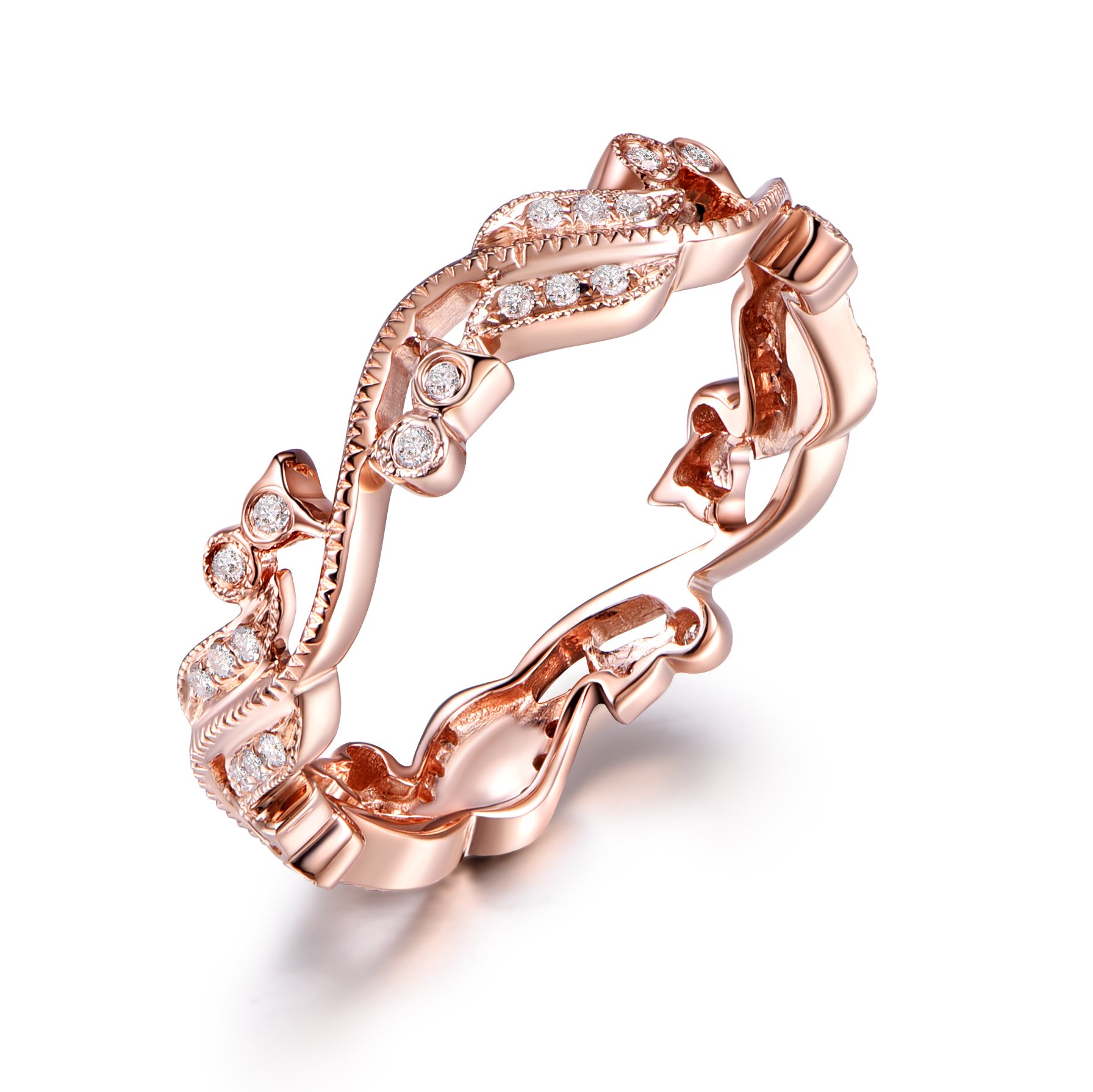 Antique Diamond Wedding Band - 14K Rose Gold Swirl & Milgrain Floral Engagement Ring | Art Nouveau Style for Vintage Brides & Anniversary Gifts