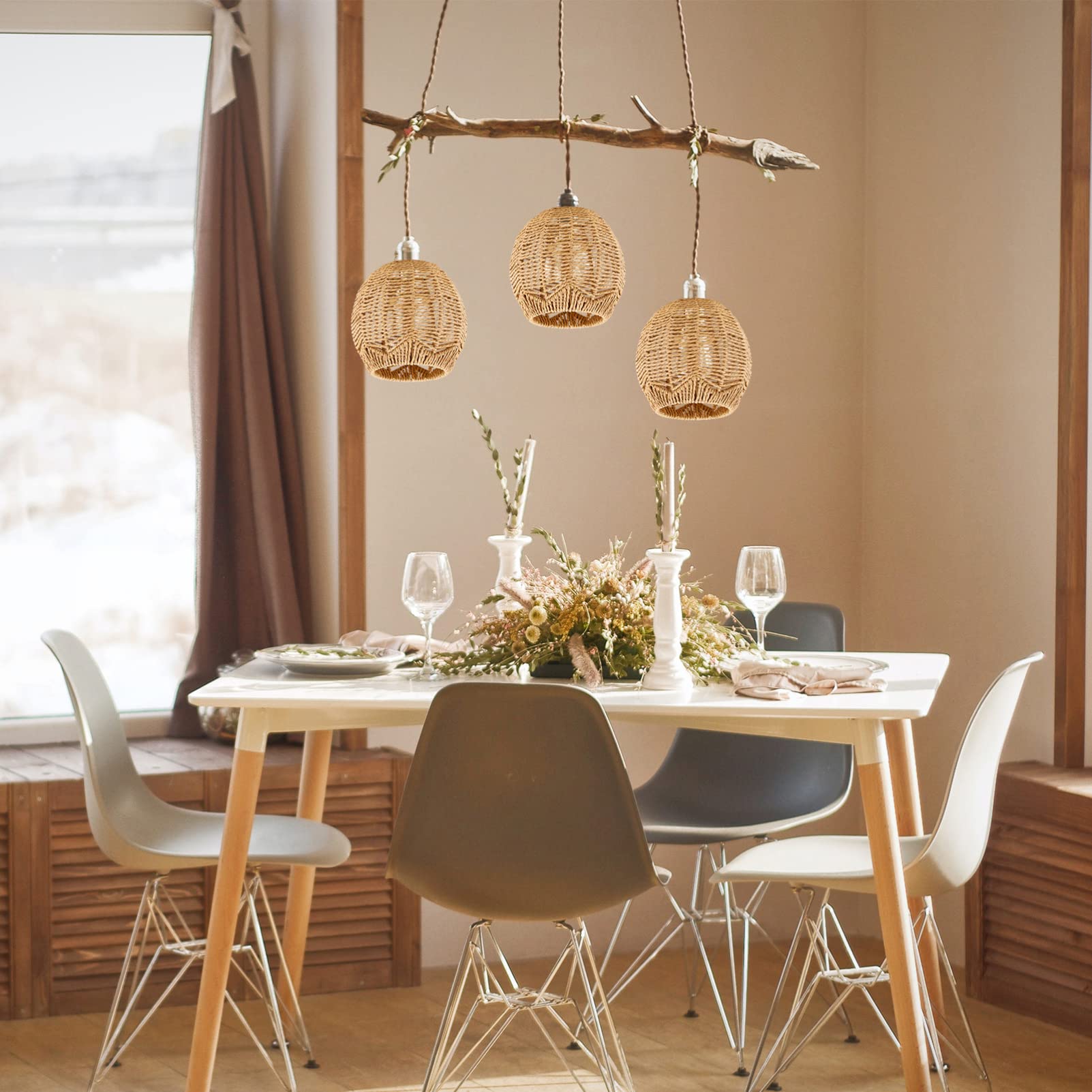 Handwoven Paper Rope Pendant Lamp Shade - Natural Rattan Style Ceiling Light Cover for Bulbs - Perfect for Living Room, Bedroom, Office & Hotel Decor - Boho Chic Lighting Fixture for Table Lamps, Floor Lamps & Ceiling Fans