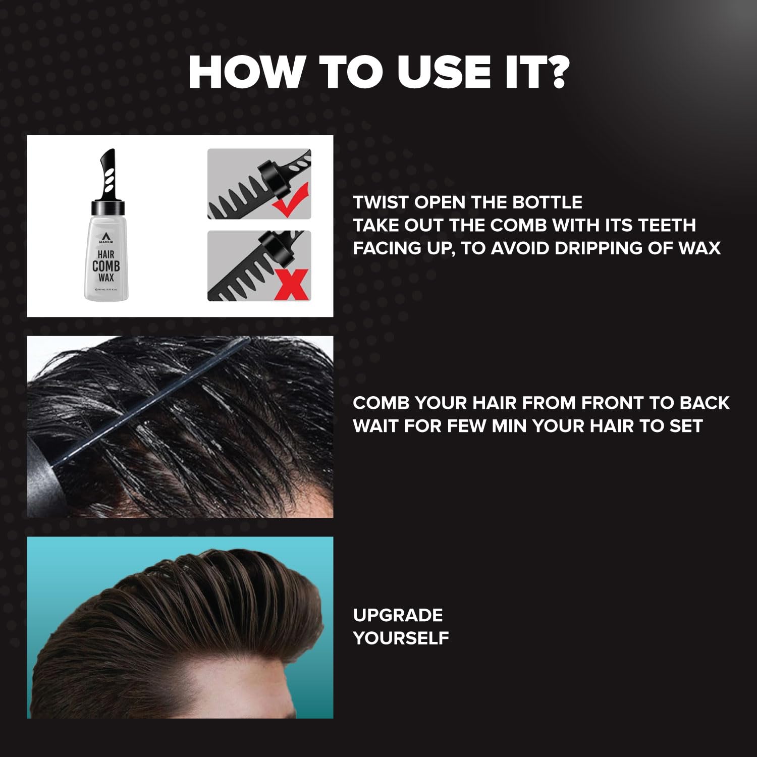 Man-Up Hair Comb Wax | 2-in-1 Men's Styling Gel with Comb for Strong Hold & Wet Look | Long Lasting Moisturizing Hair Wax (140ml) | Perfect for Daily Grooming, Parties & Special Occasions