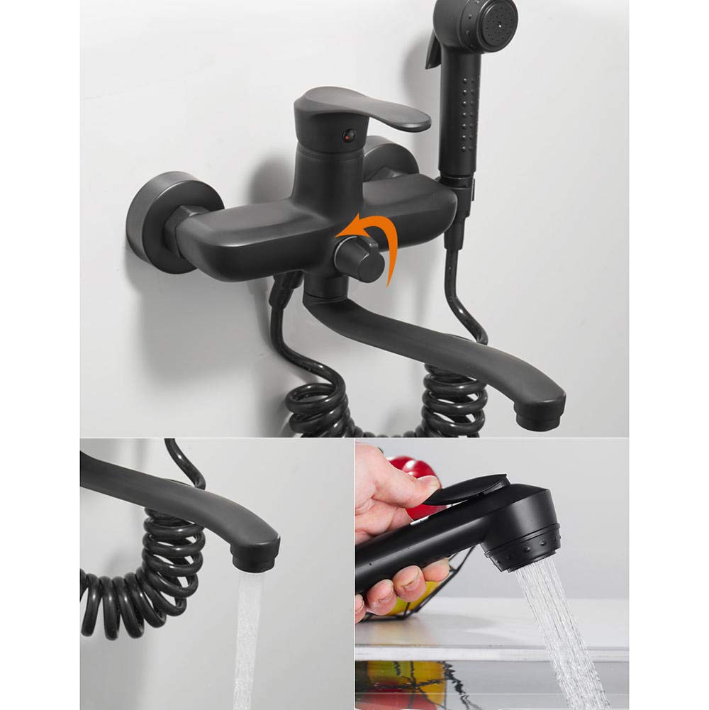Black Wall Mount Kitchen Faucet - All Copper Double Hole Sprayer Faucet with Rotating Utility Spray Gun for Sink (25cm) - Perfect for Laundry, Utility Sinks & Compact Kitchens