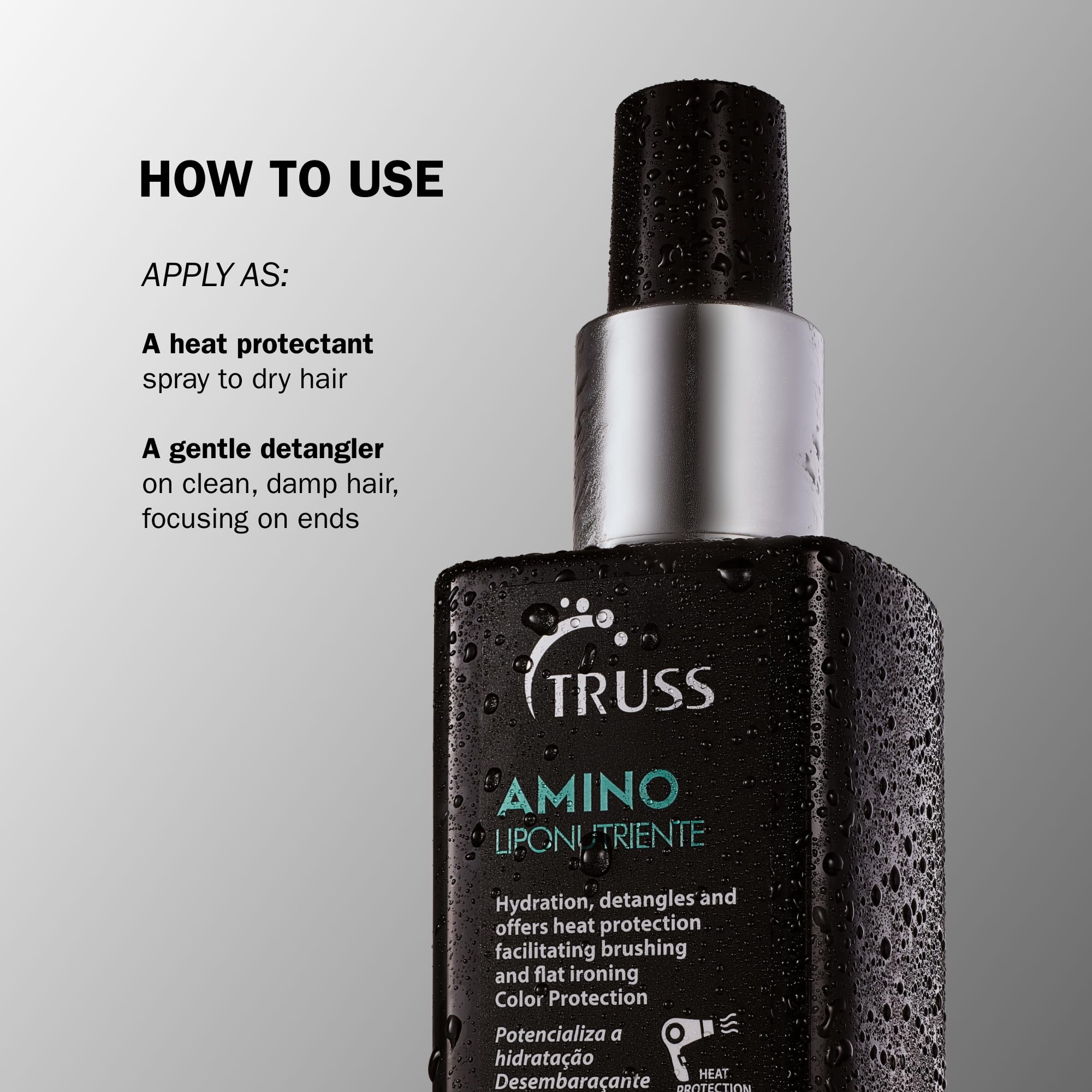TRUSS Amino Heat Protection Spray for Hair - Anti-Frizz Leave-In Conditioner with Essential Oils - Hydrating & Amino Acid Replenishment - Color Safe Heat Protectant & Detangler (7.61 oz) - Perfect for Styling, Blowouts & Daily Frizz Control