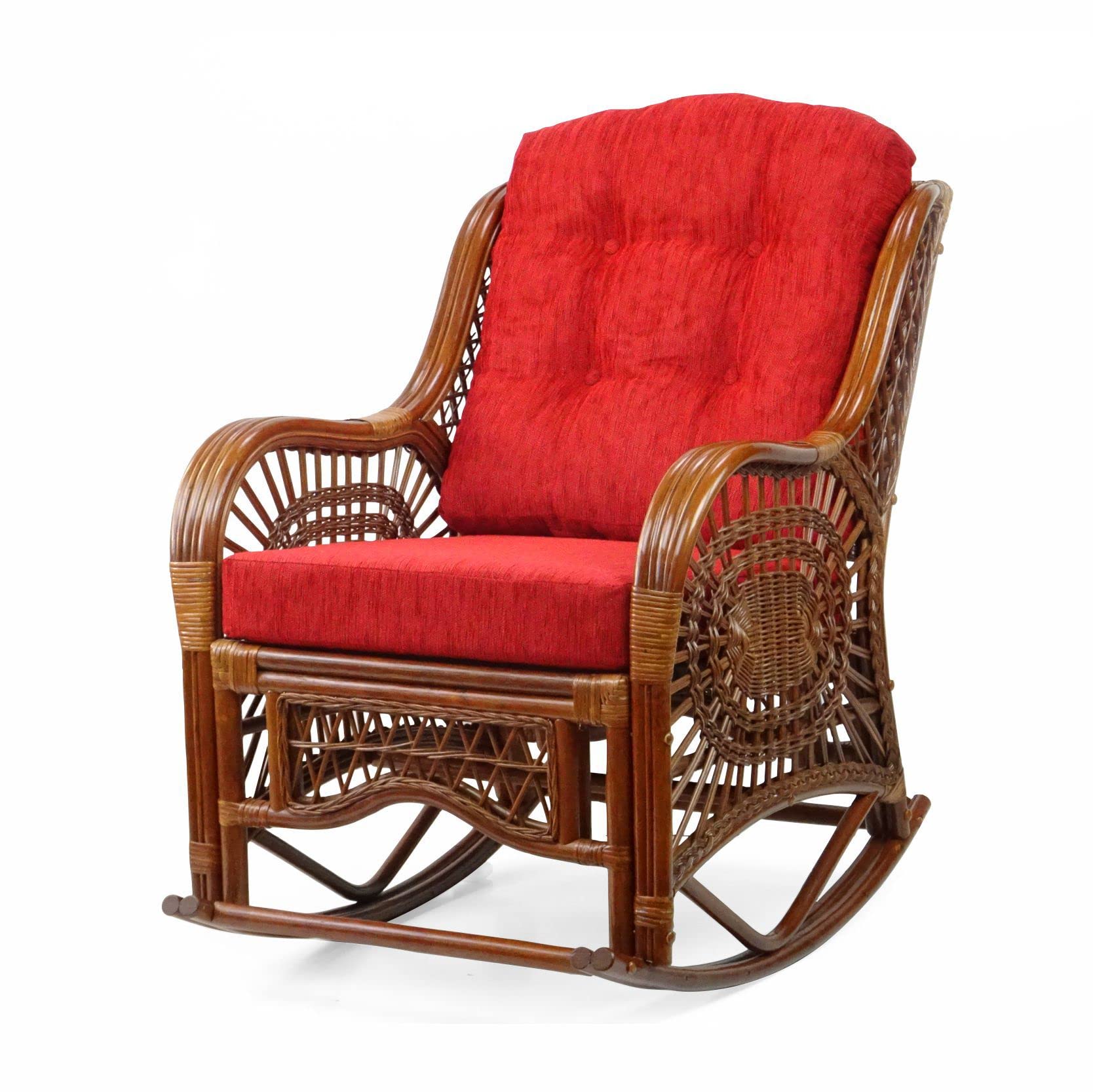 Malibu Rocking Handmade Lounge Chair - Eco-Friendly Natural Wicker Rattan with Red Cushion - Indoor Use Only - Perfect for Living Room, Sunroom or Patio Relaxation