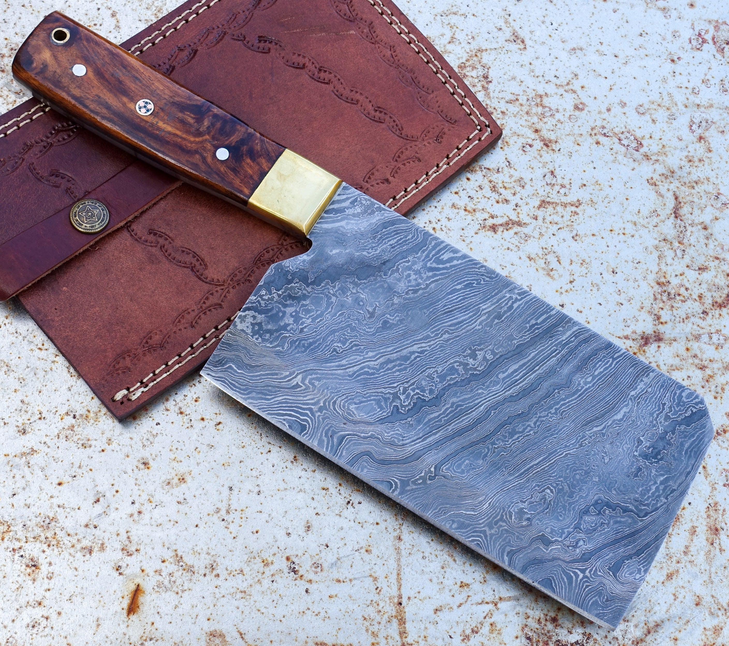 Premium HK Knives 7-Inch Damascus Steel Cleaver with Protective Sheath - Professional Kitchen Knife for Chefs, Home Cooking & Meat Cutting | Perfect for Slicing, Dicing & Chopping Vegetables, Fruits & Meats