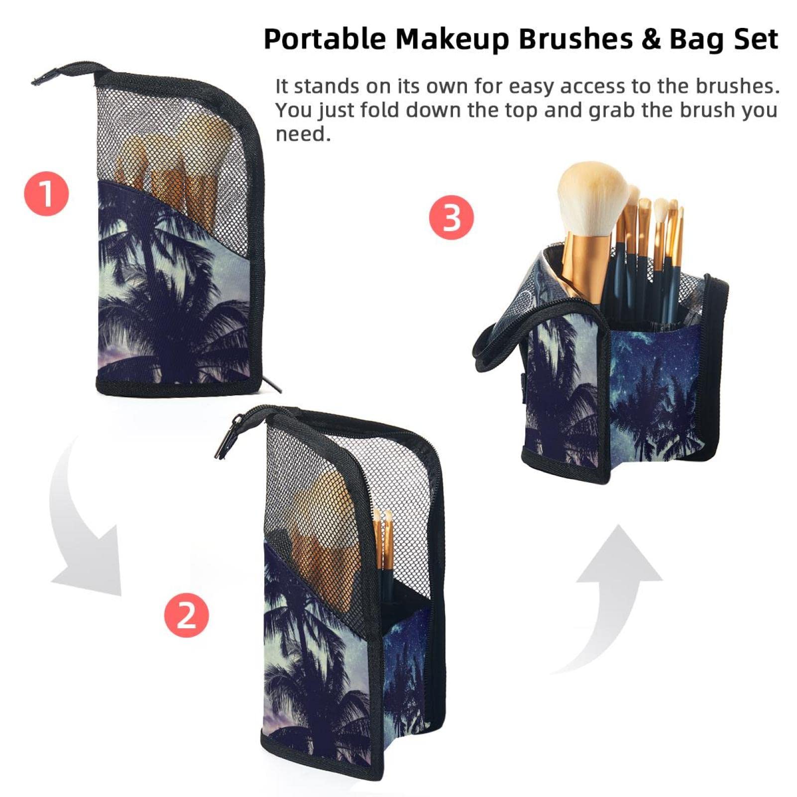 Portable Makeup Brush Organizer Bag with 12 Slots - Tropical Palm Tree Sunset Starry Night Design - Travel Cosmetic Brush Holder Case for Makeup Artists & Beauty Enthusiasts (Perfect for Travel, Home Storage & Professional Makeup Kits)