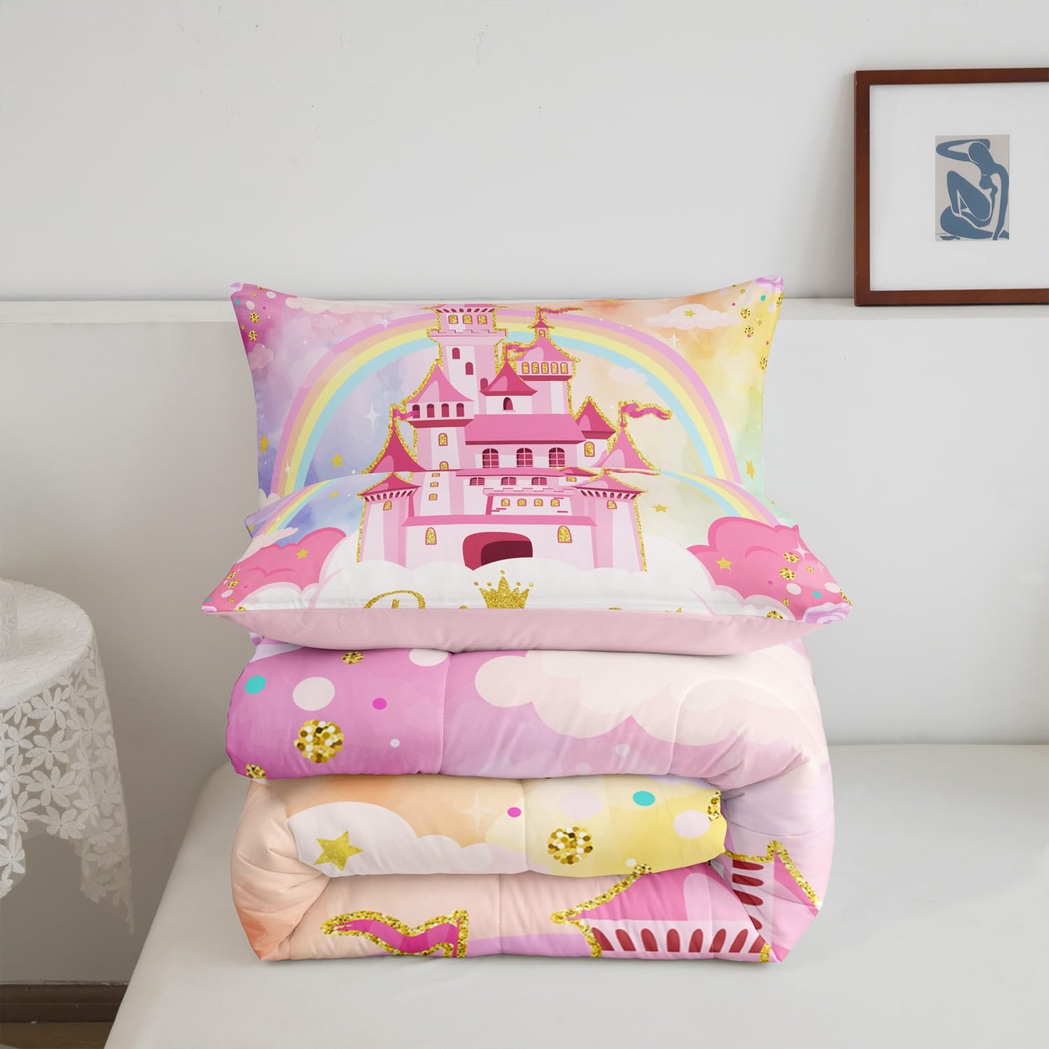 Fairy Tale Princess Comforter Set Twin Size 2 Pcs - Starry Rainbow Sky Glitter Bedding with Flowers & Castle Design for Girls' Bedroom | Dreamy Pink Duvet Insert & Pillowcase | Perfect for Kids' Room Decor, Birthday Gifts & Fantasy Themed Bedrooms