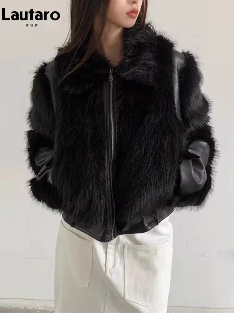 2023 Women's Fluffy Faux Fox Fur Coat - Soft Thickened Warm Shaggy Patchwork Jacket for Autumn & Winter | Cozy Outerwear for Casual Outings & Cold Weather Fashion