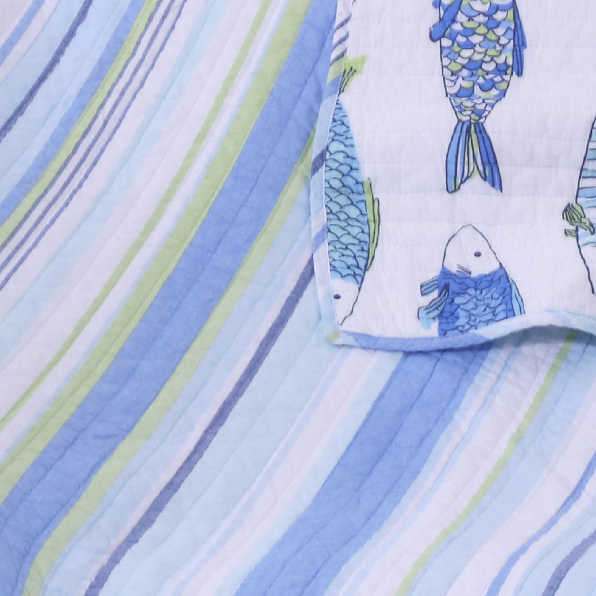 Levtex Home Catalina Quilted Throw Blanket 50x60 Inches - Reversible Striped Coastal Pattern in Blue and Green - Soft Cotton Fabric for Sofa, Bed, or Outdoor Use