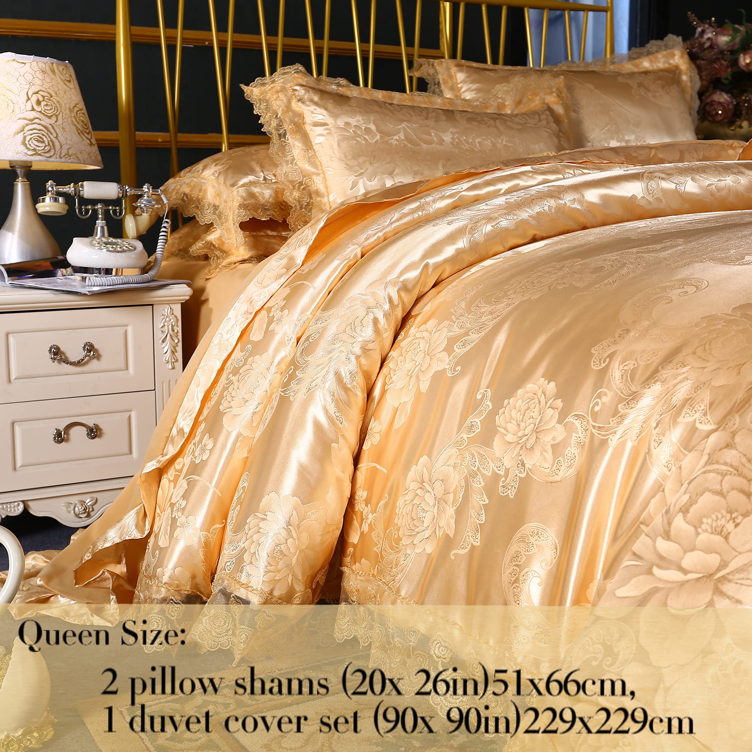 Luxury Queen Duvet Cover Set - 3-Piece Jacquard Bedding with Elegant Lace Trim in Gold for Master Bedroom Decor & Hotel Style Comfort