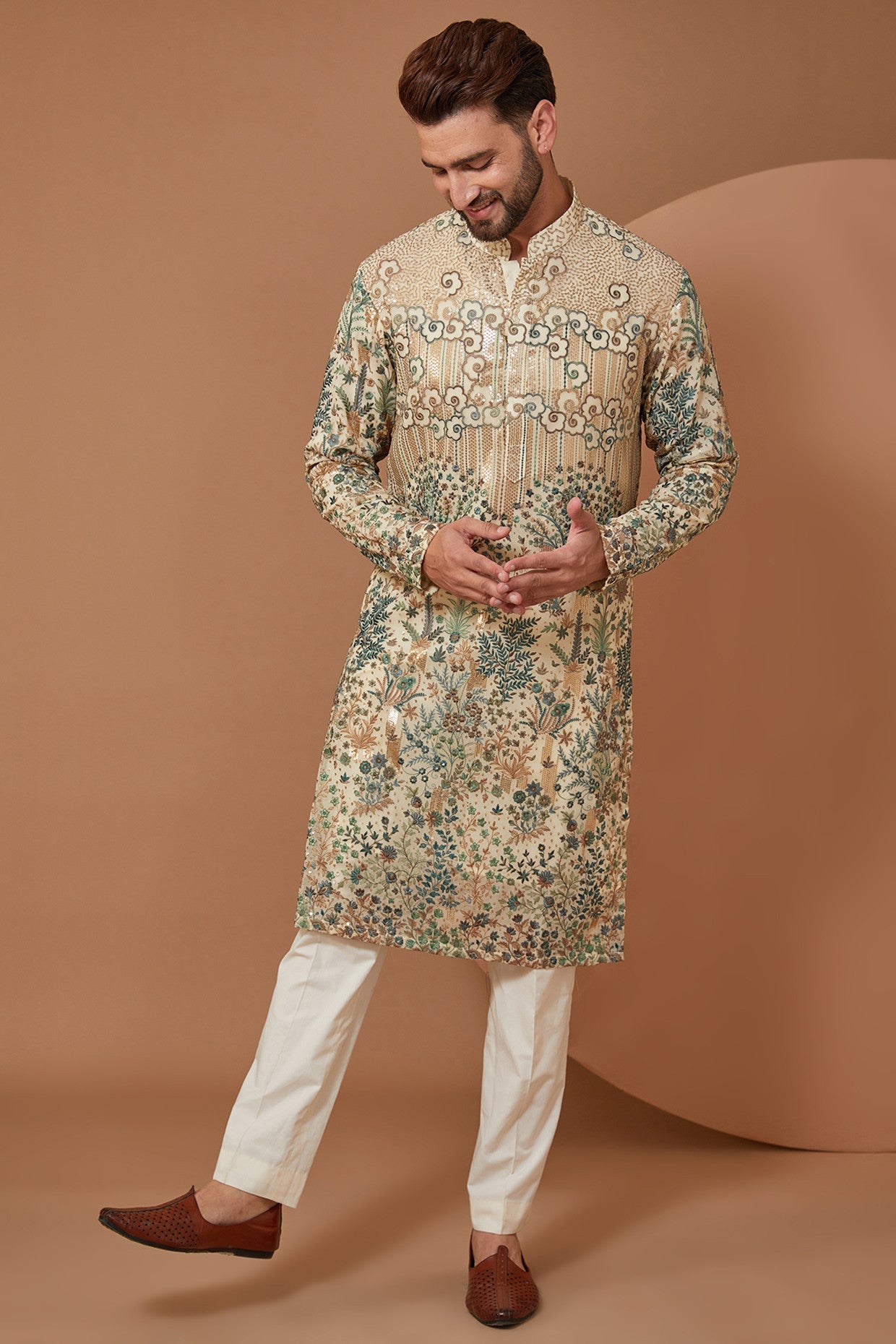 Exquisite Handmade Ivory Floral Kurta with Green & Gold Embroidery - Elegant Indian Ethnic Wear for Weddings & Festivals