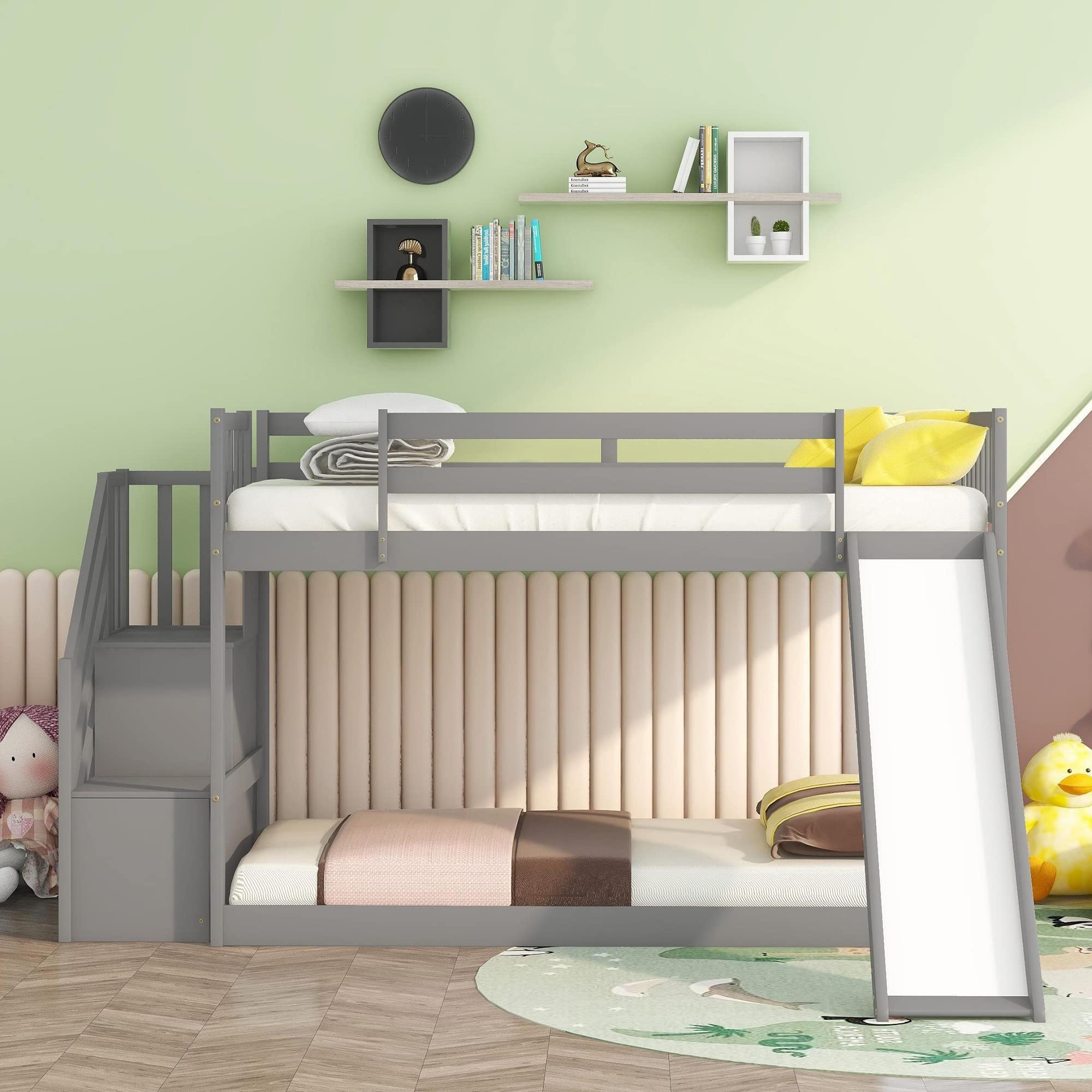 Harper & Bright Designs Twin Over Twin Low Profile Bunk Bed with Slide & Staircase - Solid Wood Kids Bunk Bed, No Box Spring Needed, Grey - Perfect for Small Bedrooms, Kids' Rooms & Sleepovers