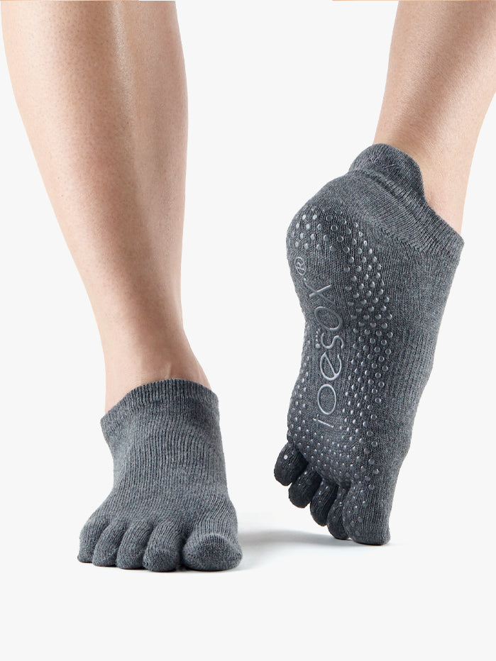 ToeSox Full Toe Low Rise Non-Slip Grip Socks for Yoga, Pilates & Barre - Charcoal Grey - Improve Balance & Comfort During Workouts