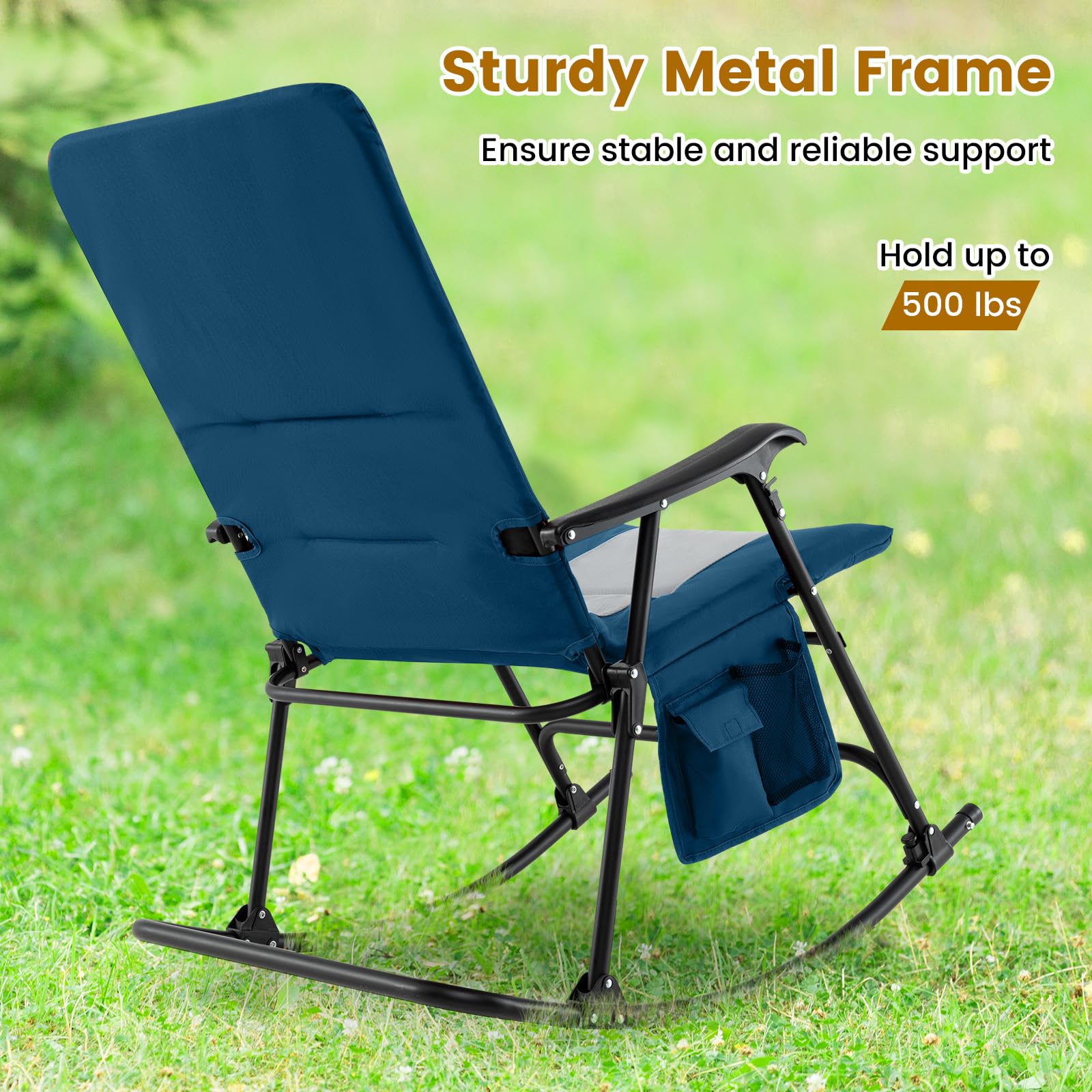 Tangkula Folding Rocking Chair - Heavy Duty 350 lbs Capacity, Padded High Back Camp Chair with Armrests, Portable Foldable Design for Indoor Outdoor Use, Patio Lawn Backyard Camping Beach Relaxation (Blue)