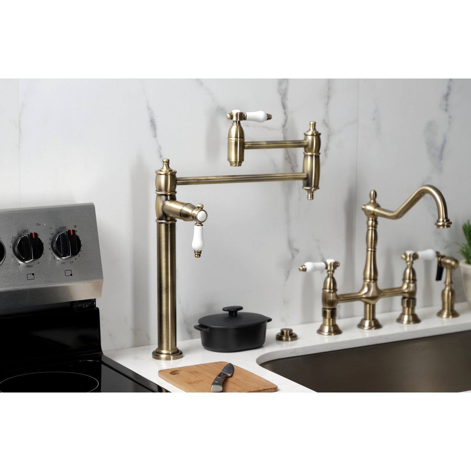 Bel Air KS3703BPL Single Hole Deck Mount Pot Filler Faucet in Antique Brass - Perfect for Kitchen Sink, Stove & Cooking Area