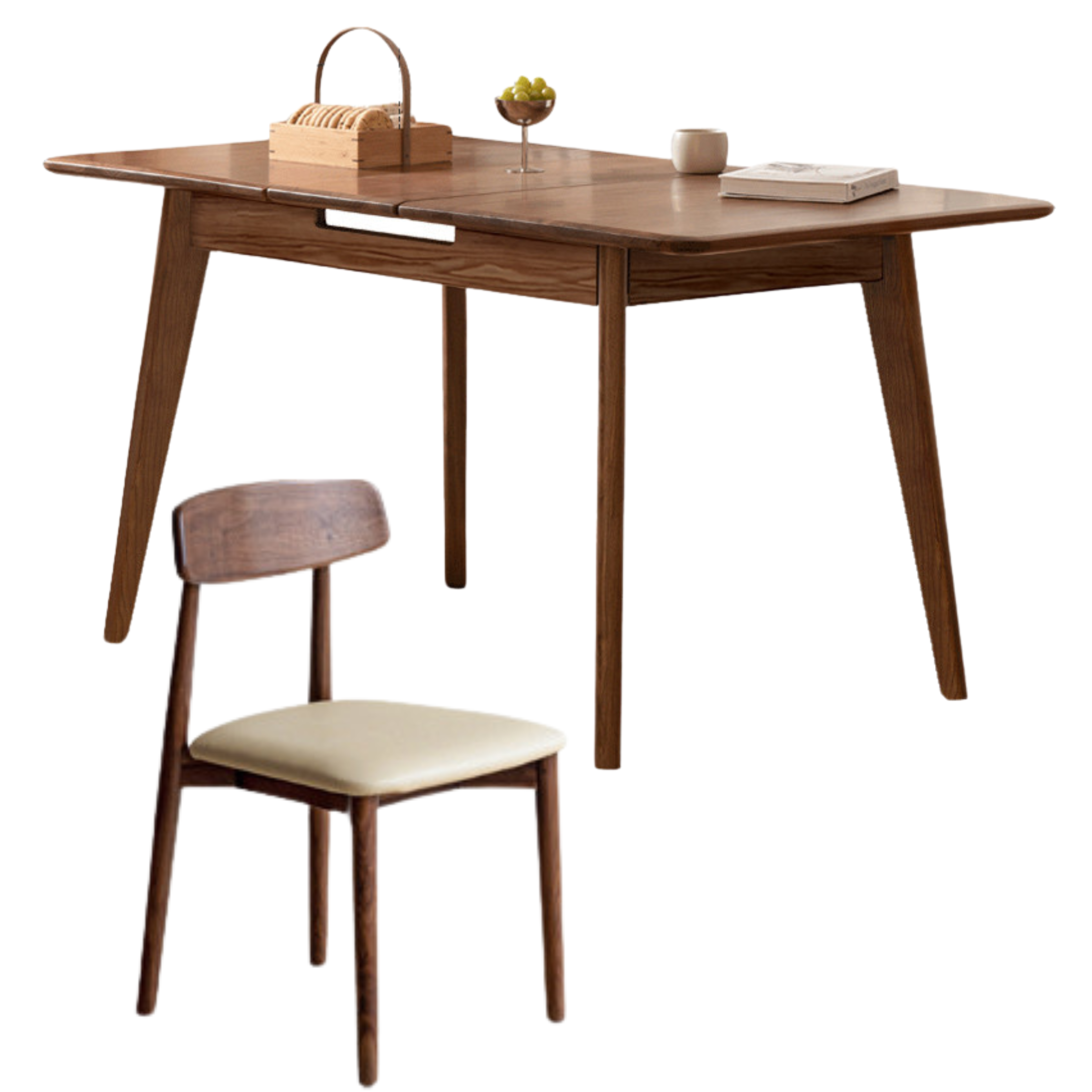 55.1-66.9x31.4x29.9 inch / 140-170x80x76cm / Rich Dark Walnut color / Black Walnut solid wood retractable dining table + 4 chairs milk tea color soft bag