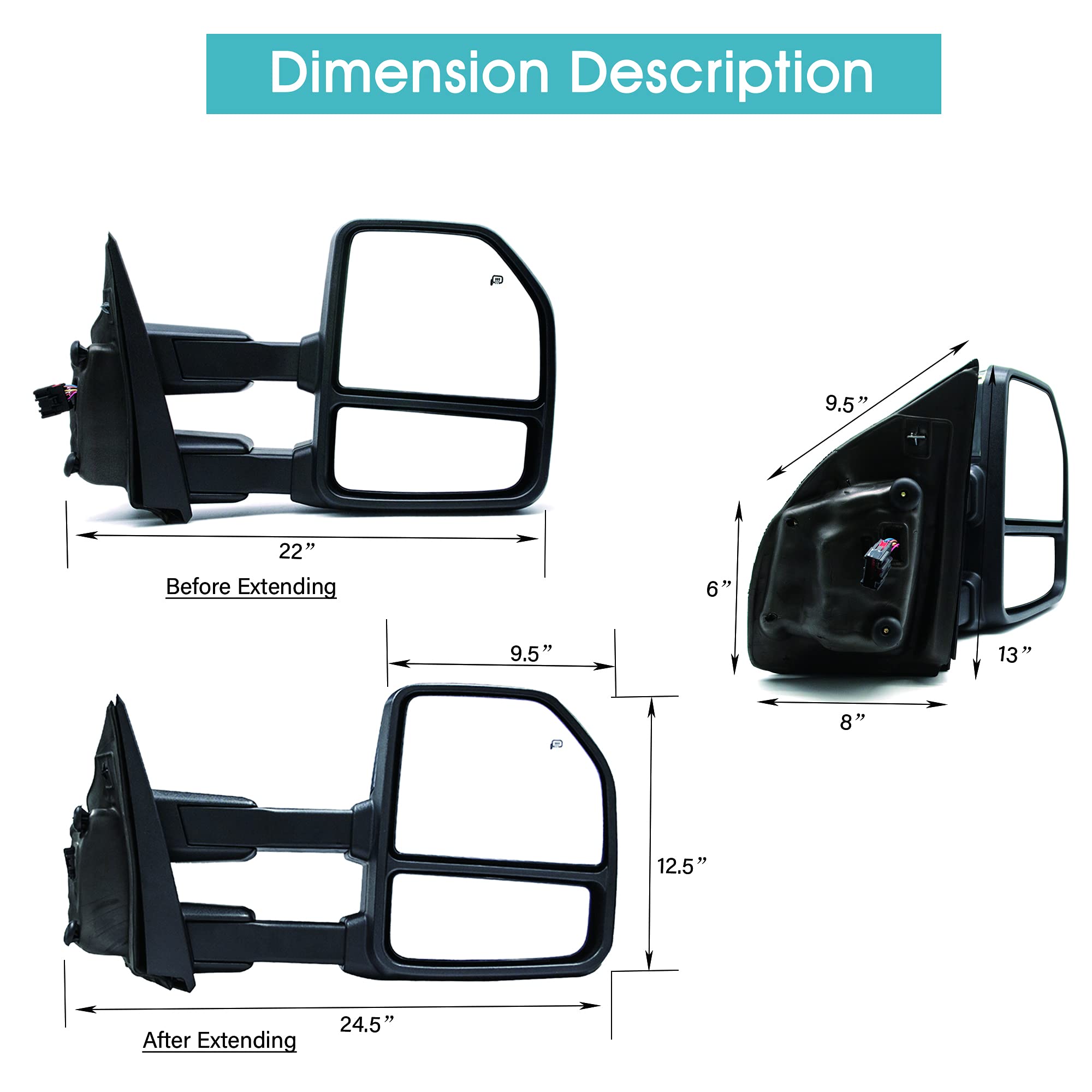 BOOLEE Power Adjustable Heated Towing Mirrors with LED Turn Signal & Temperature Sensor - Compatible with Ford F150 2015-2020 Models (Black Housing, 8 Pin Plug) - Perfect for Winter Driving, Towing Trailers & Off-Road Adventures