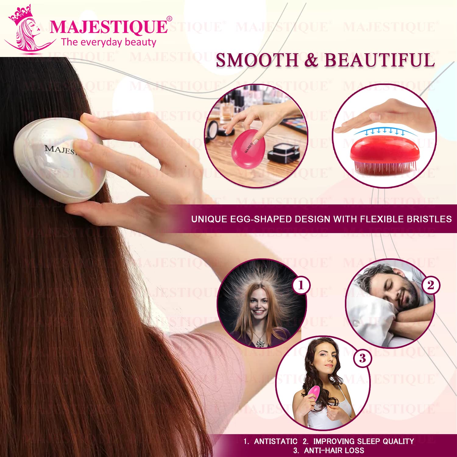 Majestique Egg Shaped Detangling Hair Brush for Women & Men - Anti-Static Hair Comb Reduces Breakage & Frizz - Anti-Dandruff Scalp Massager Brush (Color May Vary) | Perfect for Daily Styling, Travel & Salon Use