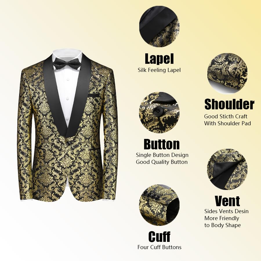 Rogers & Morris Men's Floral Tuxedo Suit Set - 2 Piece Formal Suit with Jacket & Black Pants for Weddings, Prom, Gala & Special Occasions