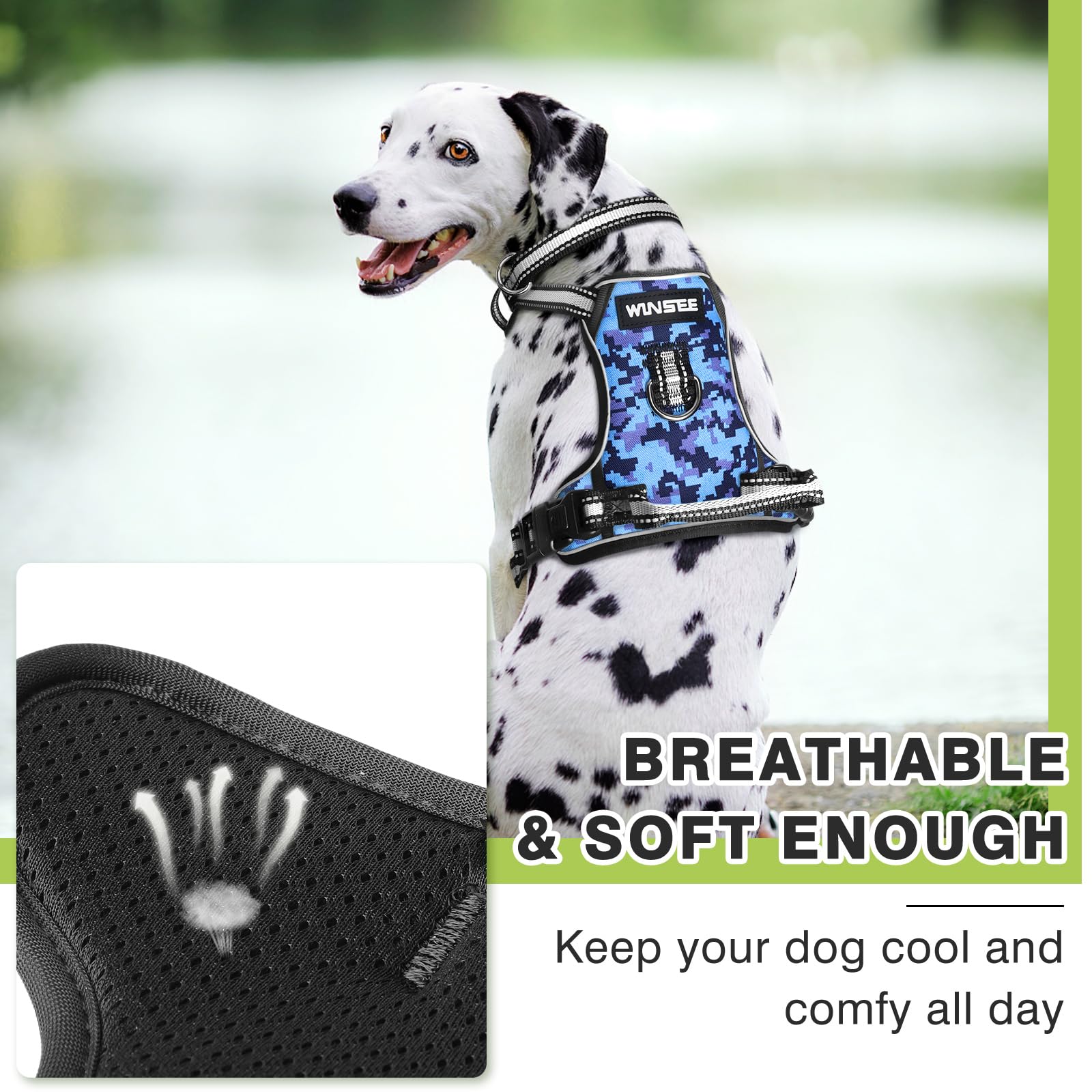 **WINSEE No Pull Dog Harness with Adjustable Reflective Oxford Vest - Front & Back Leash Clips for Small, Medium, Large & XL Dogs - Easy Control Handle for Walking, Running & Outdoor Adventures**