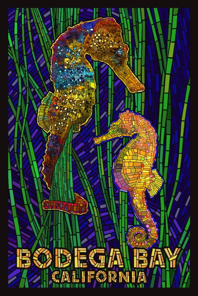 Bodega Bay California Seahorses Metal Wall Art - 24x36 Gallery Quality Aluminum Decor, Paper Mosaic Design - Perfect for Coastal Home Decor, Beach House Living Room & Office Wall Art